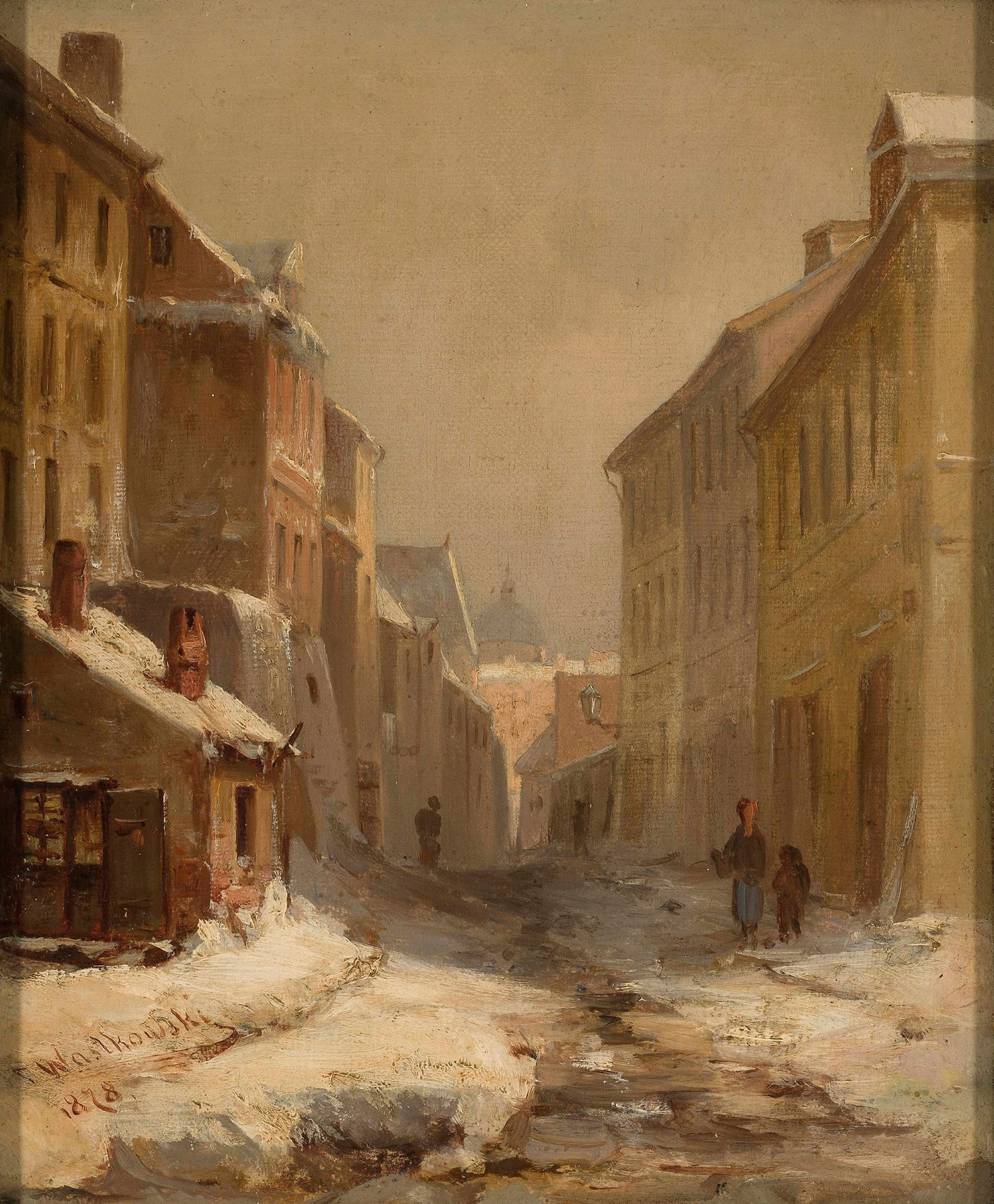 Winter landscape of Warsaw featuring Brzozowa Street by Franciszek Wastkowski, oil painting