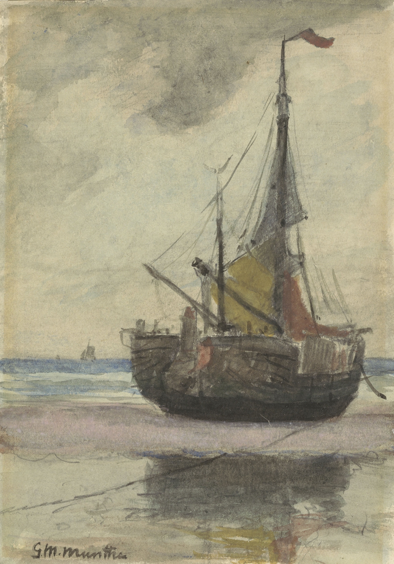Vissersboot op het strand met gereefd zeil, by Gerhard Munthe, public domain