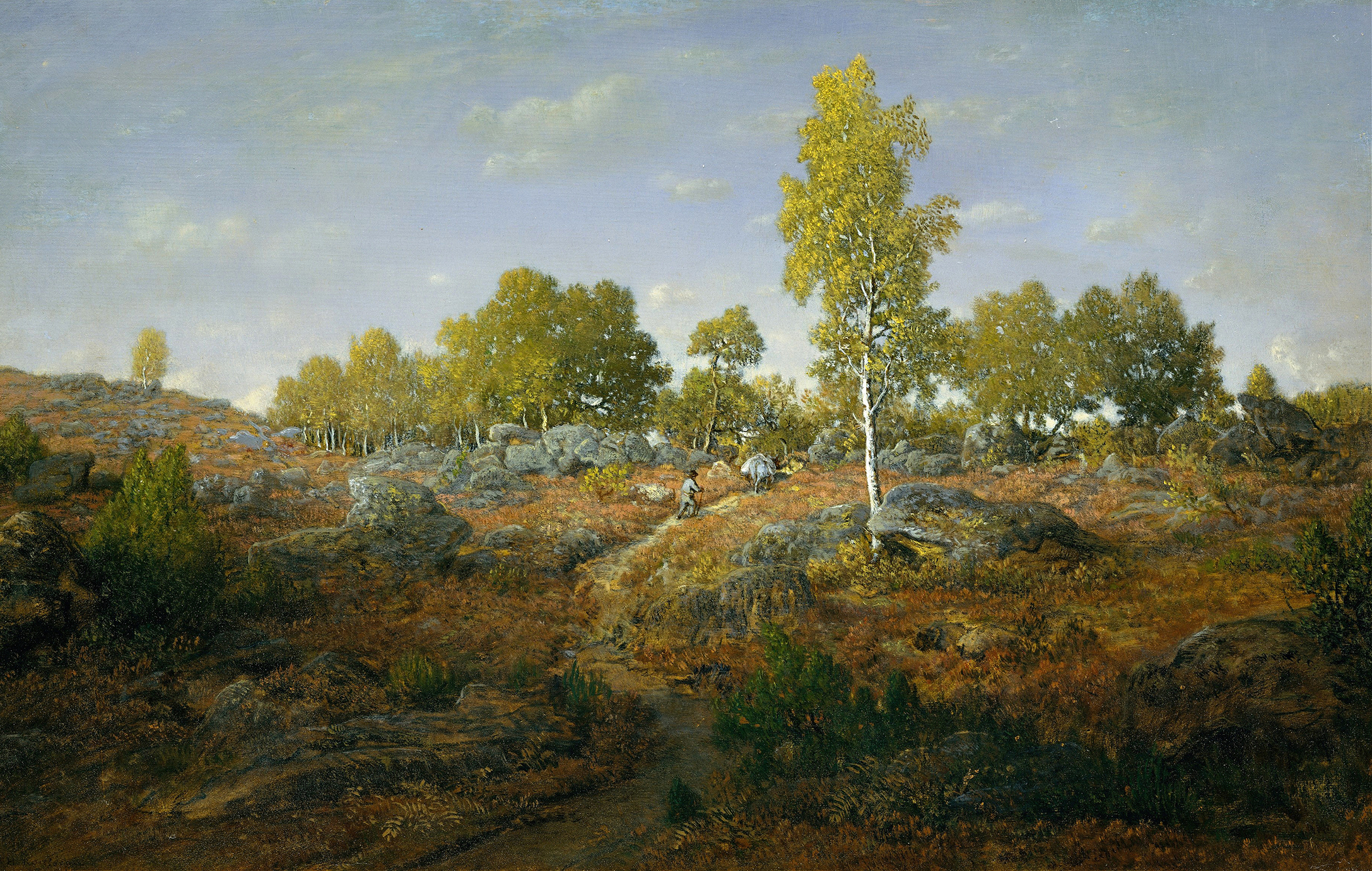 A Path among the Rocks, oil painting by Théodore Rousseau, featuring a forest path and moss-covered rocks.