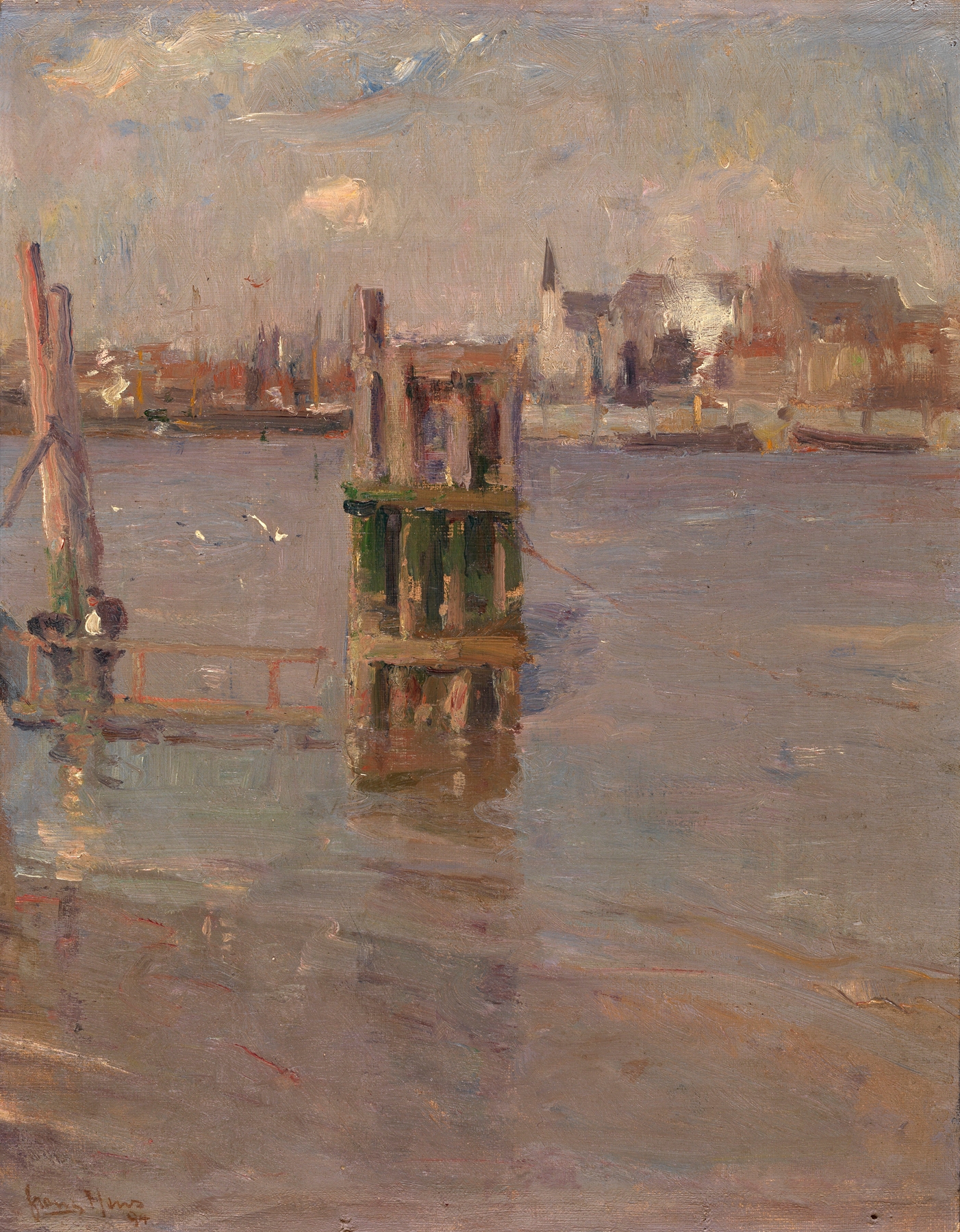 Landscape oil painting by Frans Hens depicting the Scheldt river at sunset