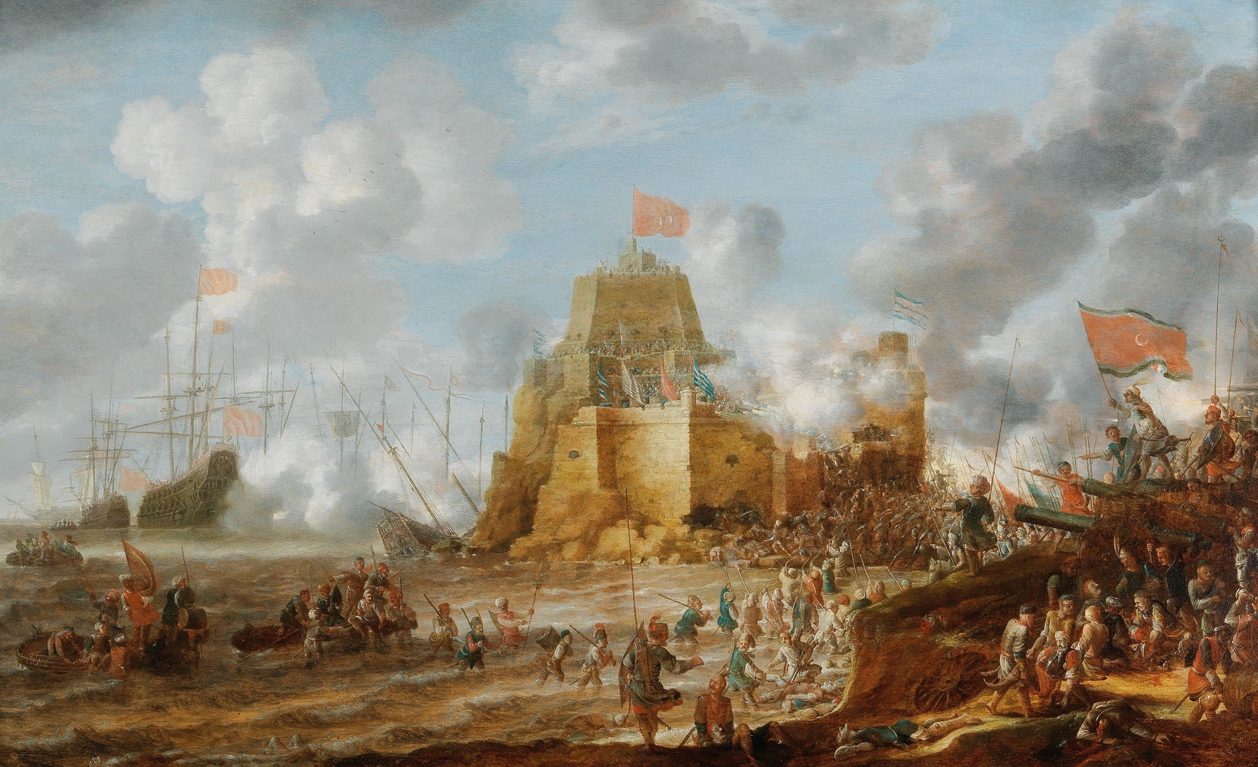 A coastal landscape with Turkish soldiers attacking a fortress, oil painting by Bonaventura Peeters the Elder.
