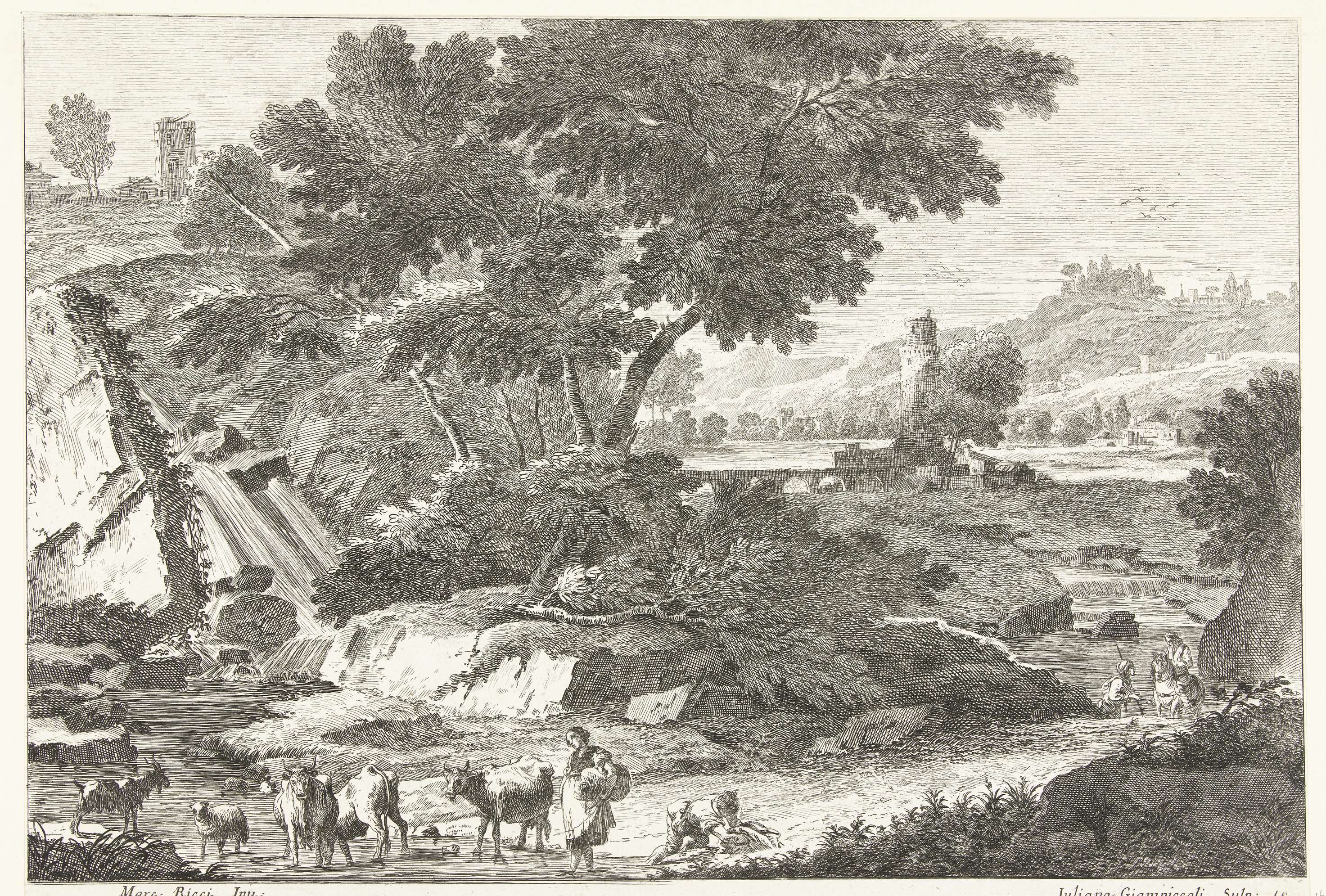 Pastoral landscape with herders and cattle near a waterfall, etching by Giuliano Giampiccoli