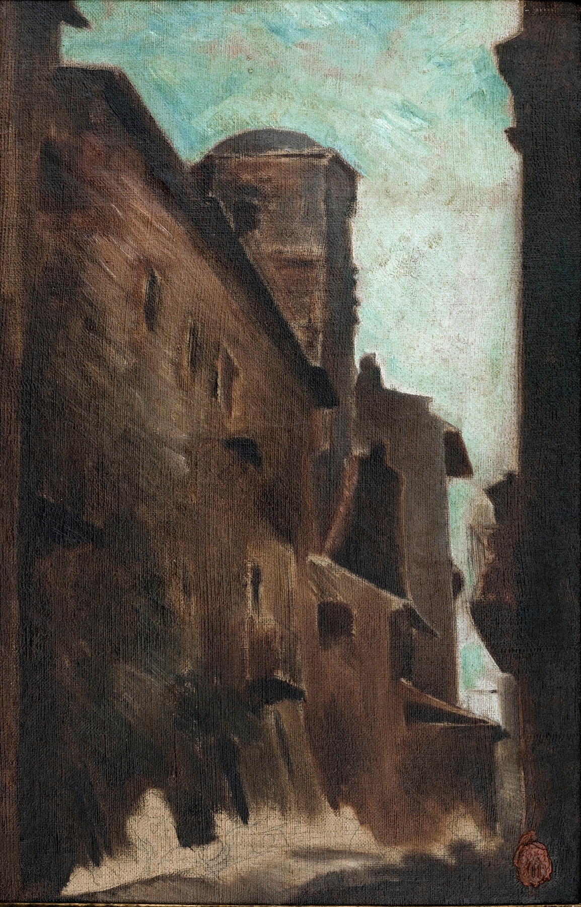 Genre scene depicting a street with figures and cobblestones, oil painting by Jean-Baptiste Carpeaux