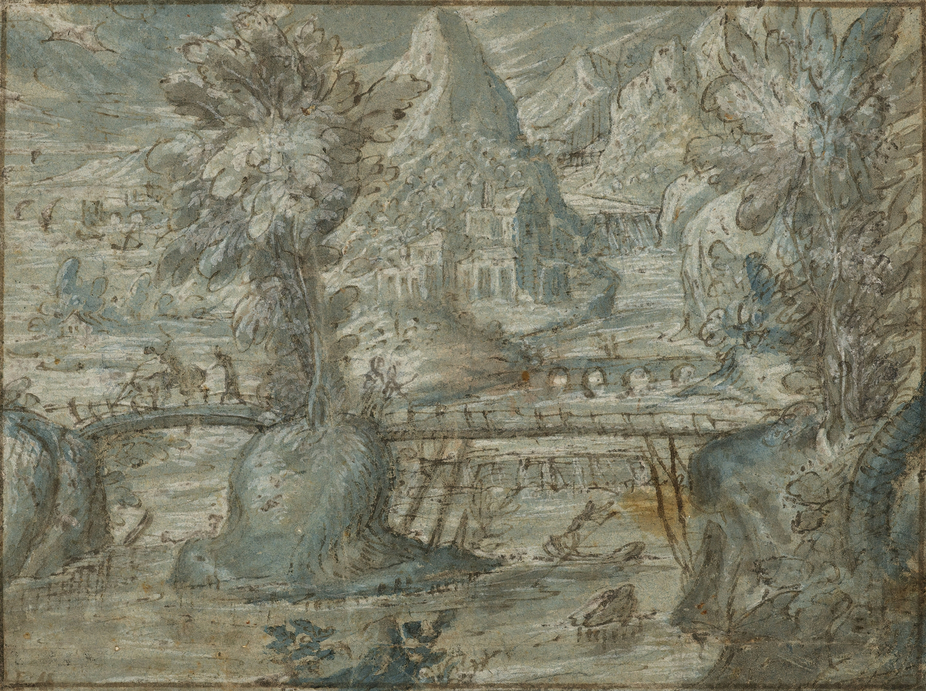 Landscape with a bridge over a river, oil on canvas by Lodewijk Toeput