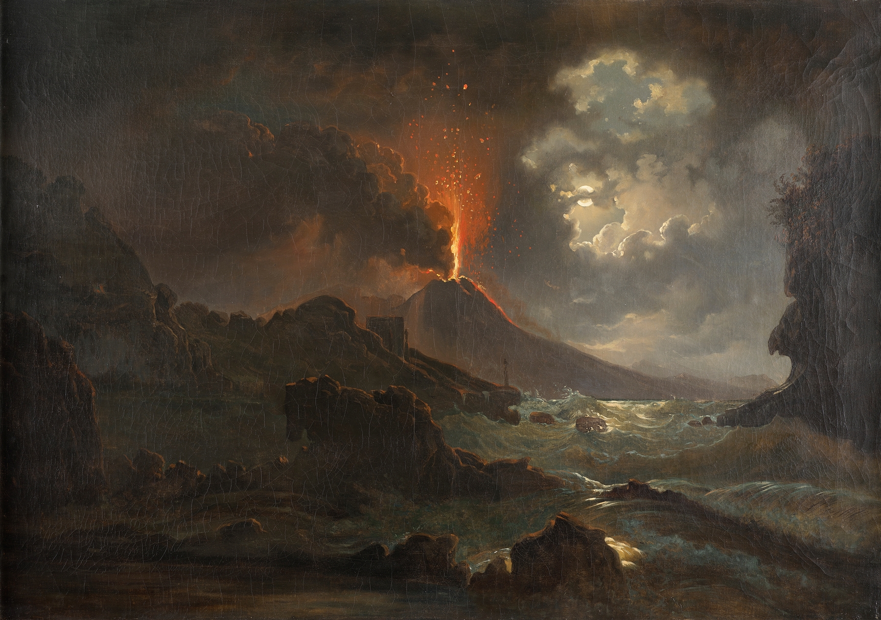 Vesuvausbruch bei Nacht mit Blick auf die Scuola di Virgilio by Joseph Rebell, oil painting depicting Vesuvius eruption.