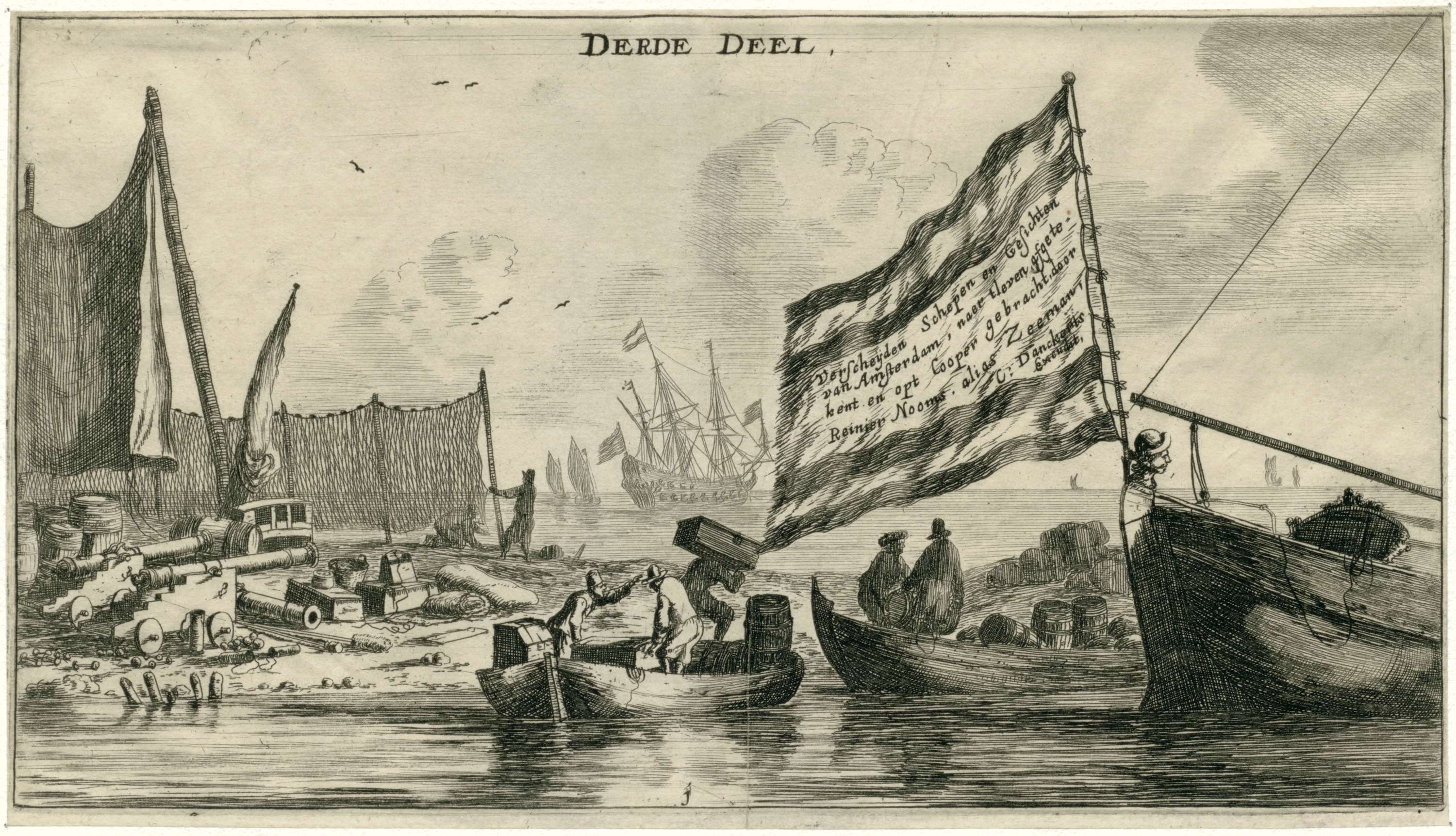 Etching by Reinier Nooms depicting a shipyard with laborers and stormy sky.