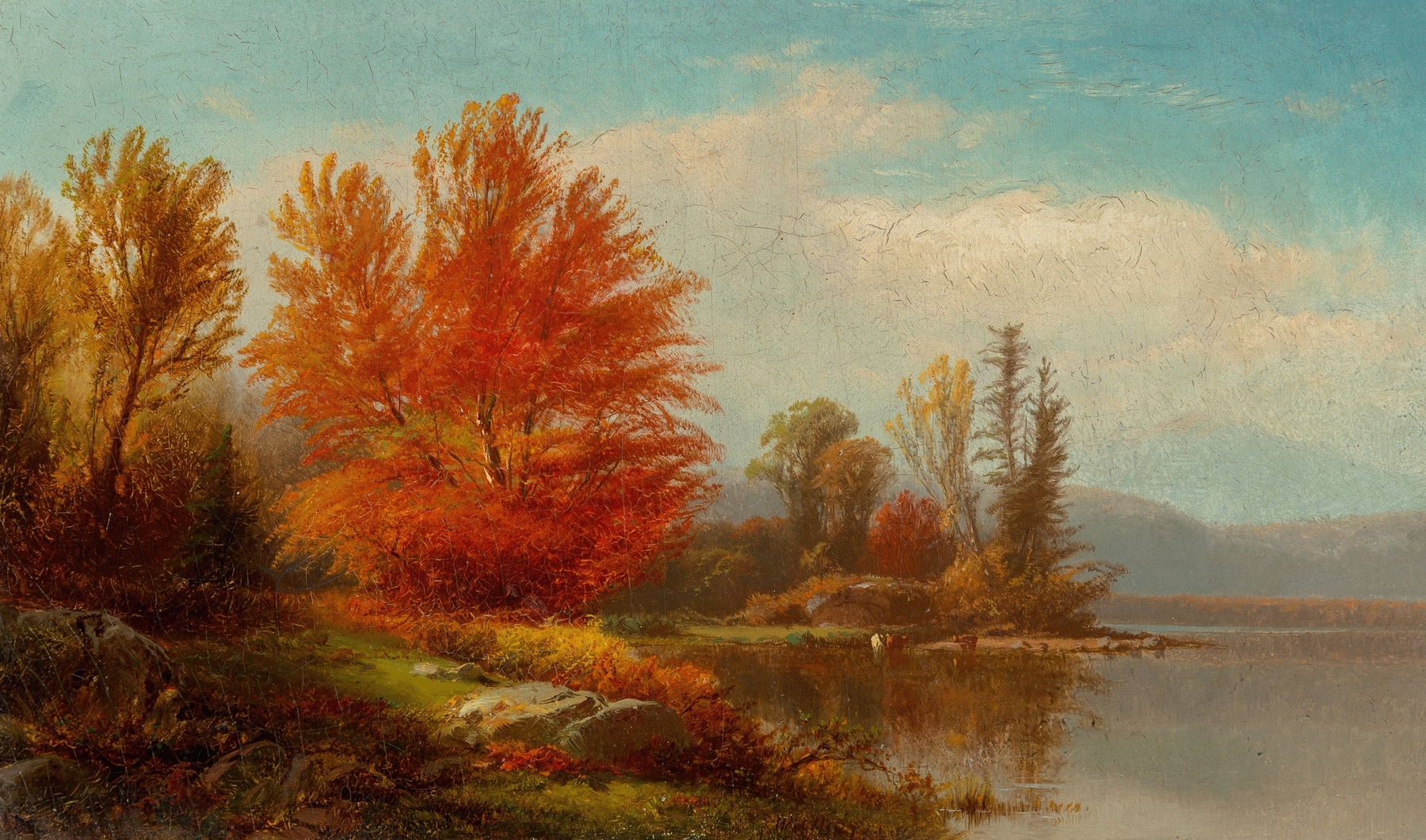 Autumn landscape by William Hart, oil on canvas, featuring vibrant colors and a forest scene.