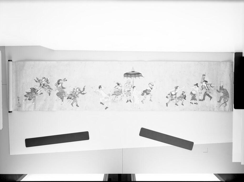Ceremonial Dances at a Shrine Festival by Kōgaku, paper medium, genre scene with dancers in traditional clothing.