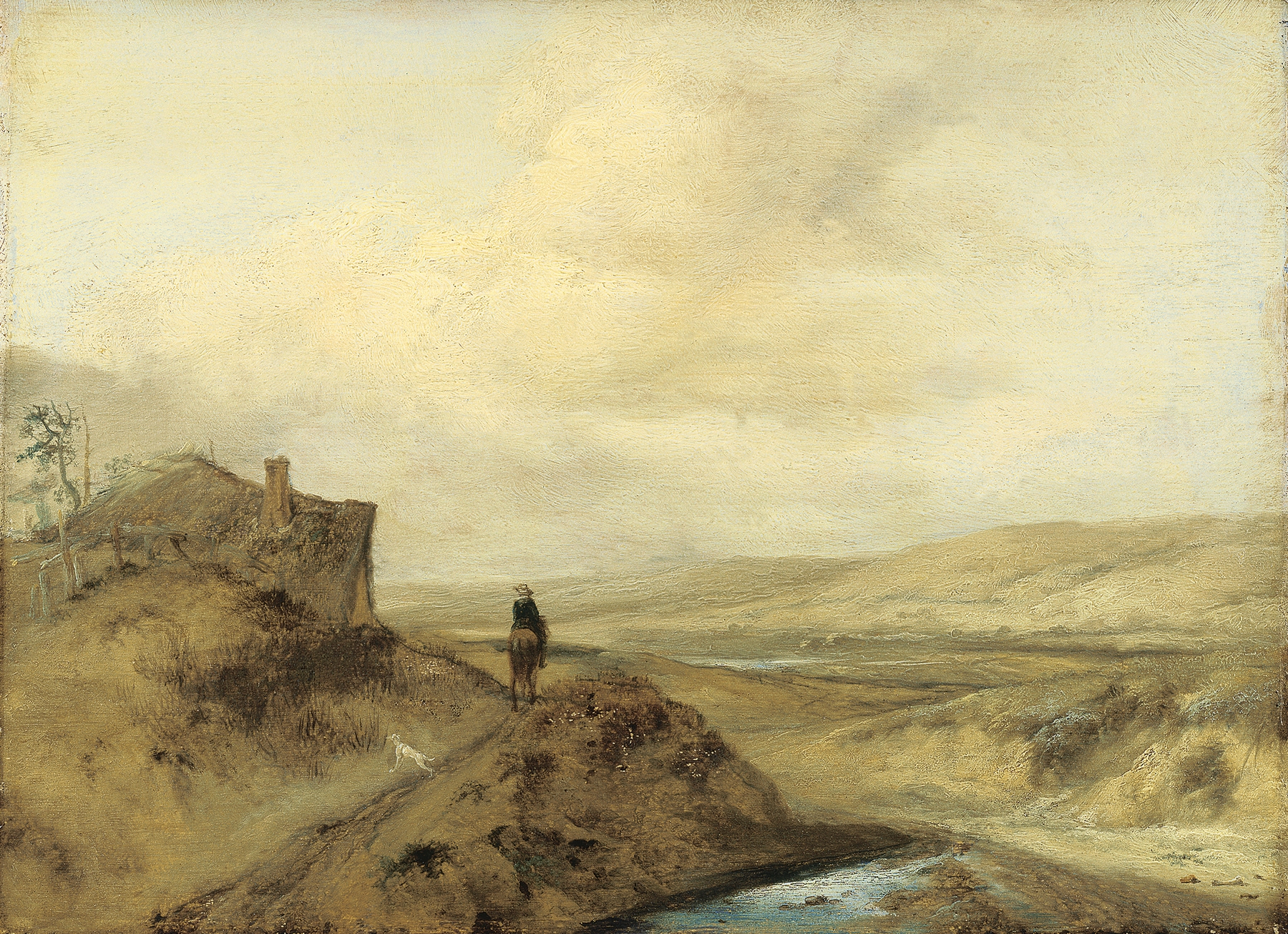 Rider in the Dunes by Philips Wouwerman, oil painting of a rider on a horse in sandy dunes.