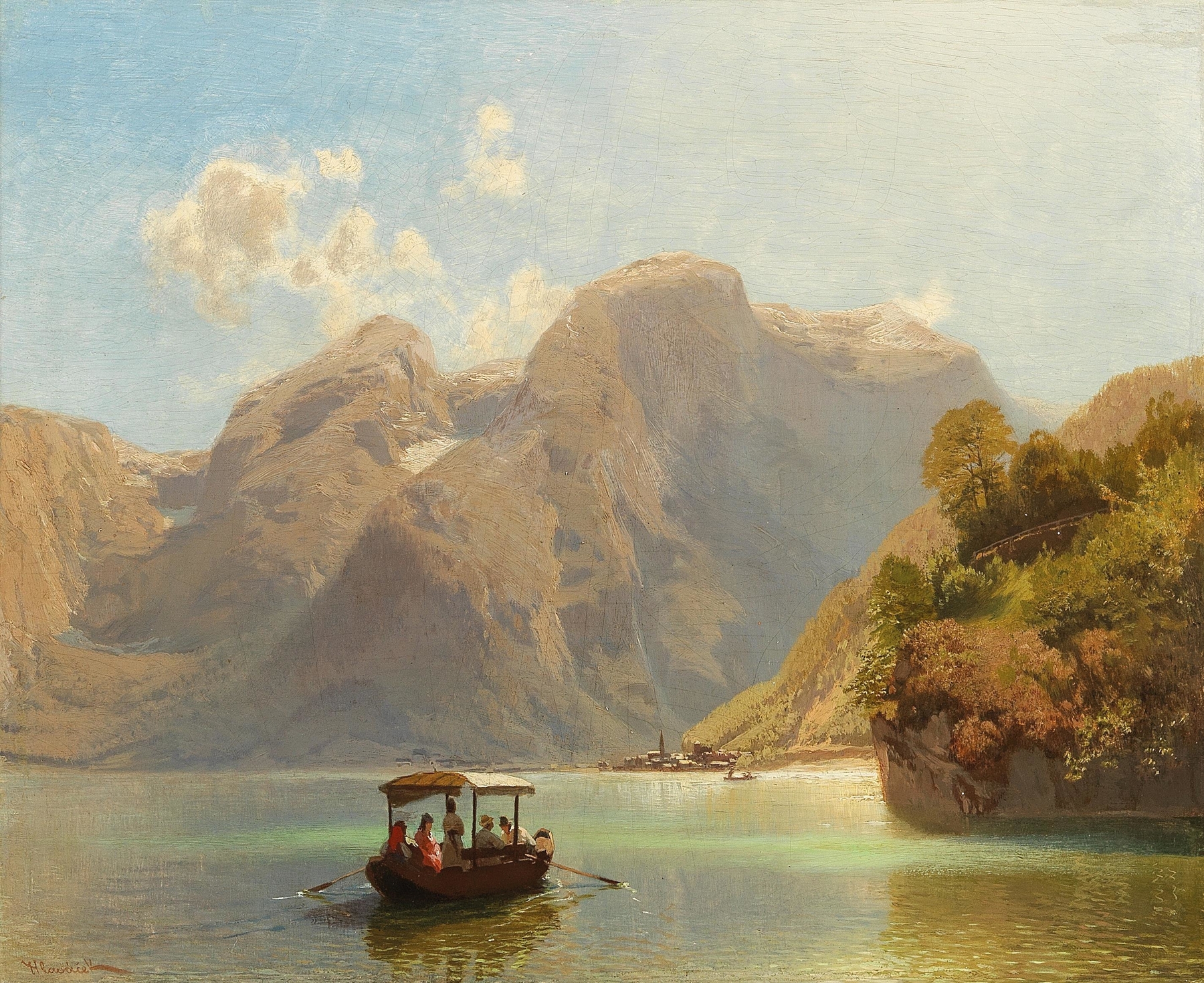 Salzkammergut, a Boat Trip on Lake Hallstättersee, Hallstatt in the Background, by Anton Hlavacek, public domain