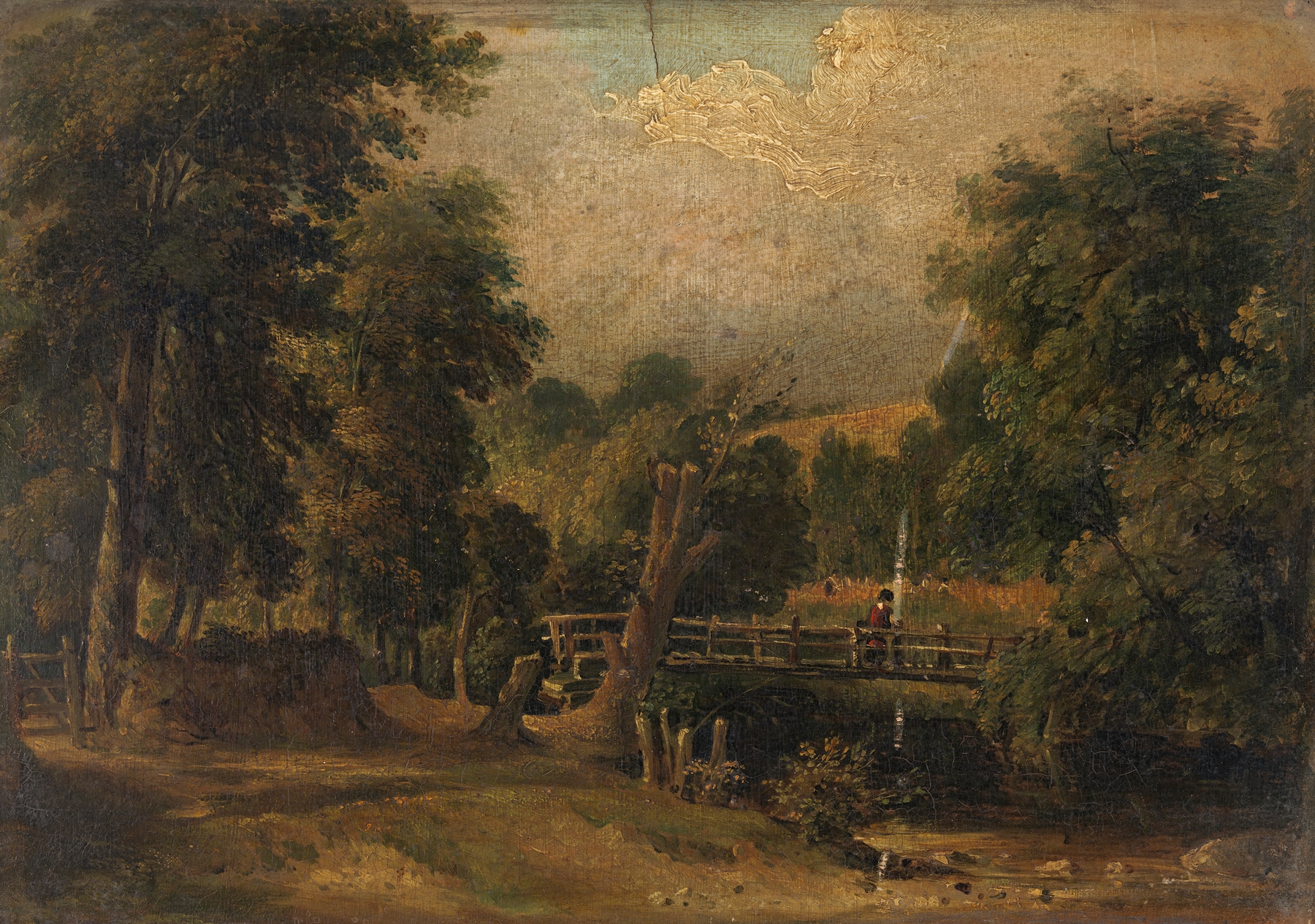 Landscape by William Brocas, oil painting depicting a muted palette of greens and browns under a cloudy sky.