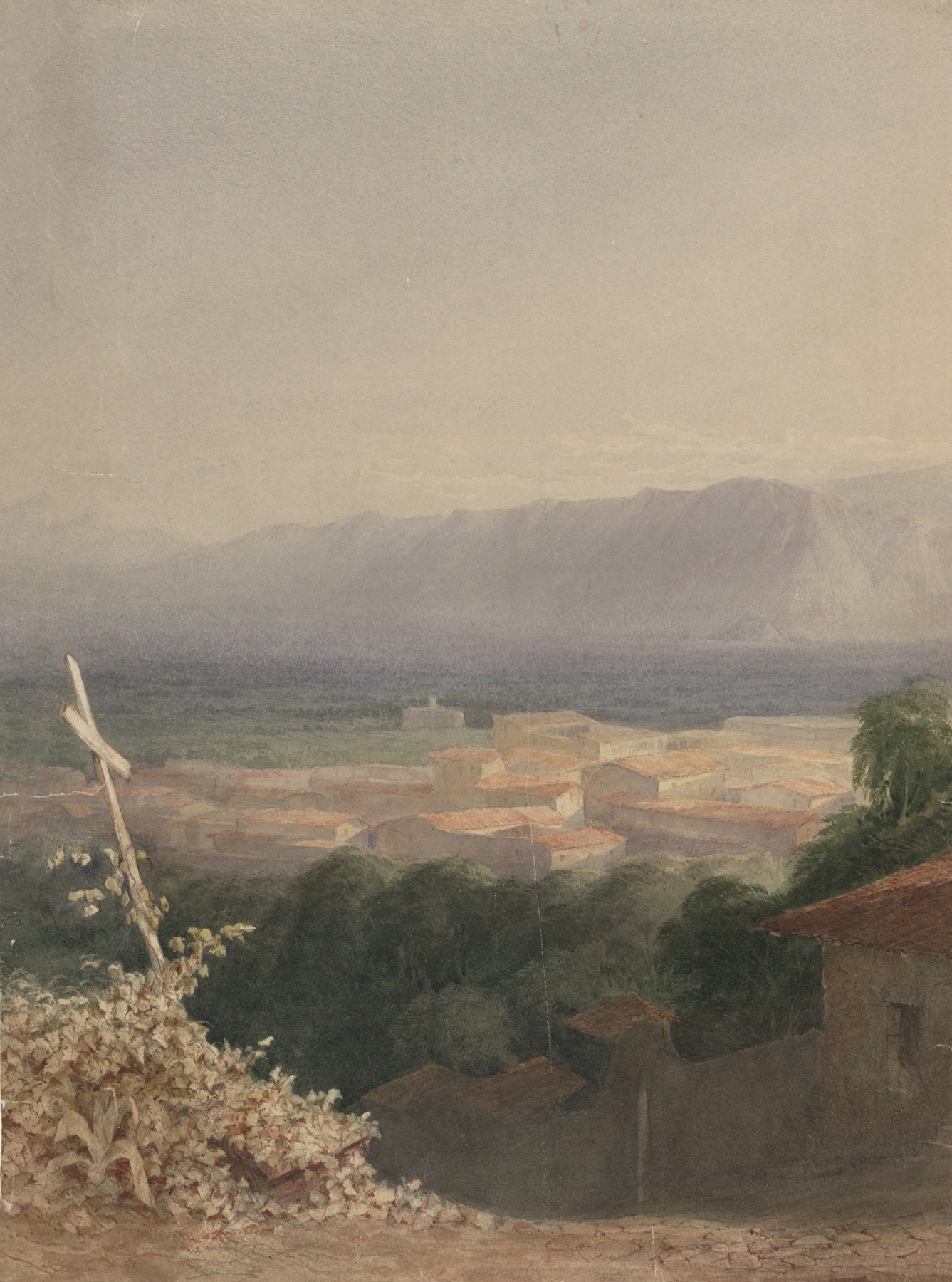 Mt. Etna oil painting by John Ferguson Weir depicting a stormy landscape with swirling clouds.
