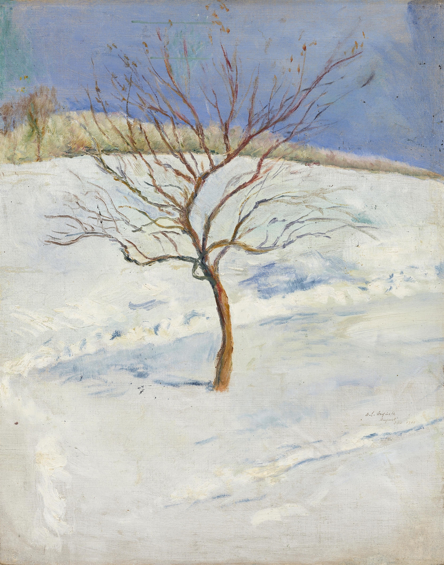 Baum in verschneiter Landschaft, by August Macke, public domain
