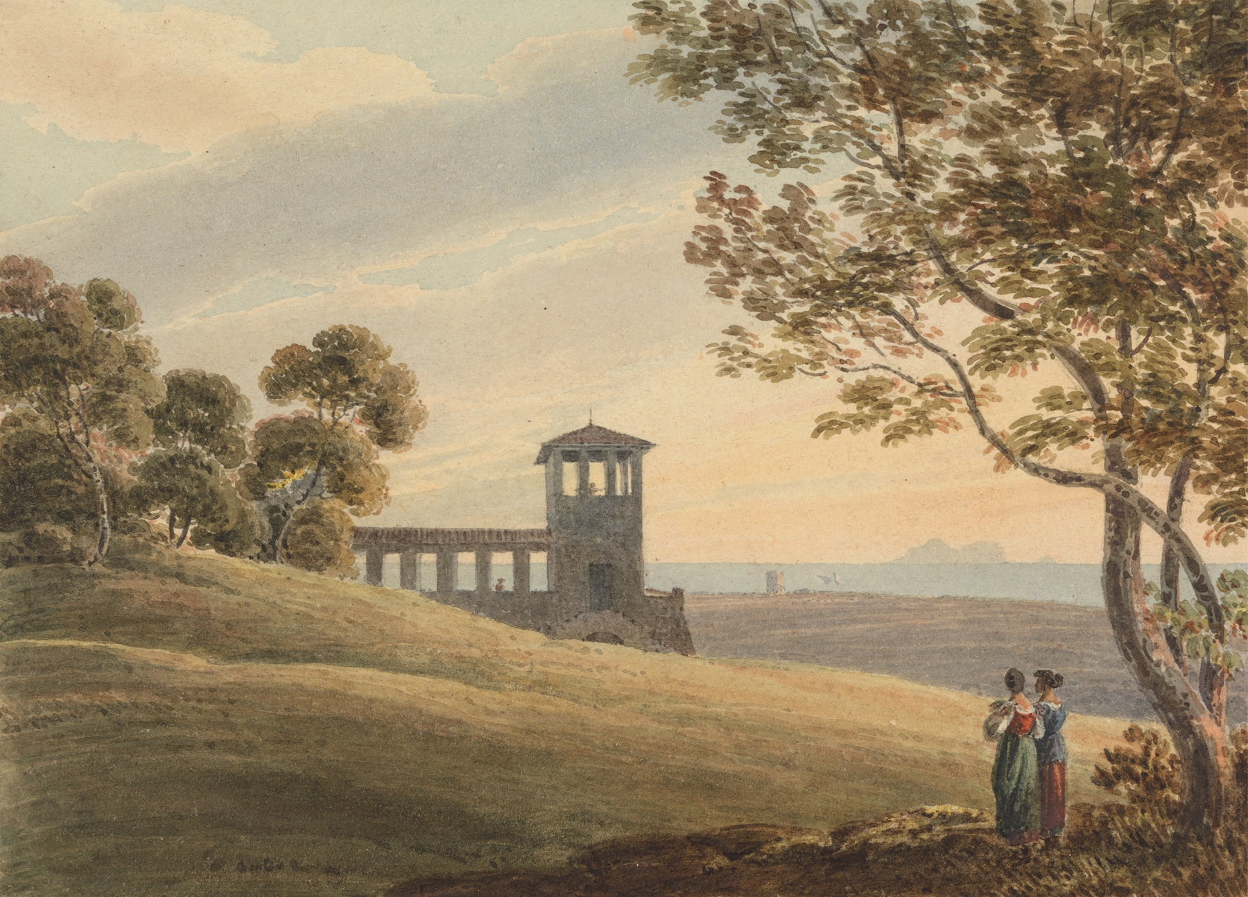 An Italian landscape with colonnade and tower, oil painting by Thomas Richard Underwood