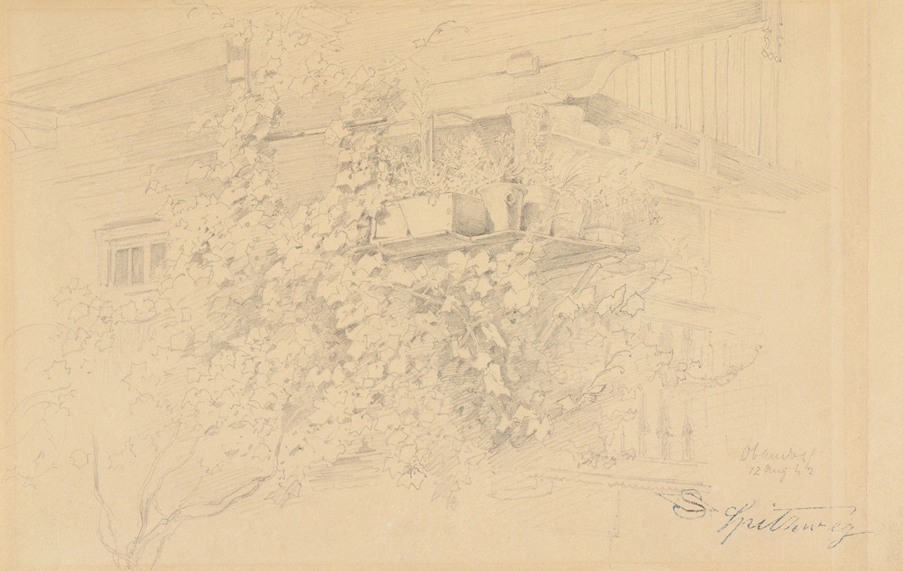 A charming depiction of a farmhouse corner adorned with climbing vines and flower pots.