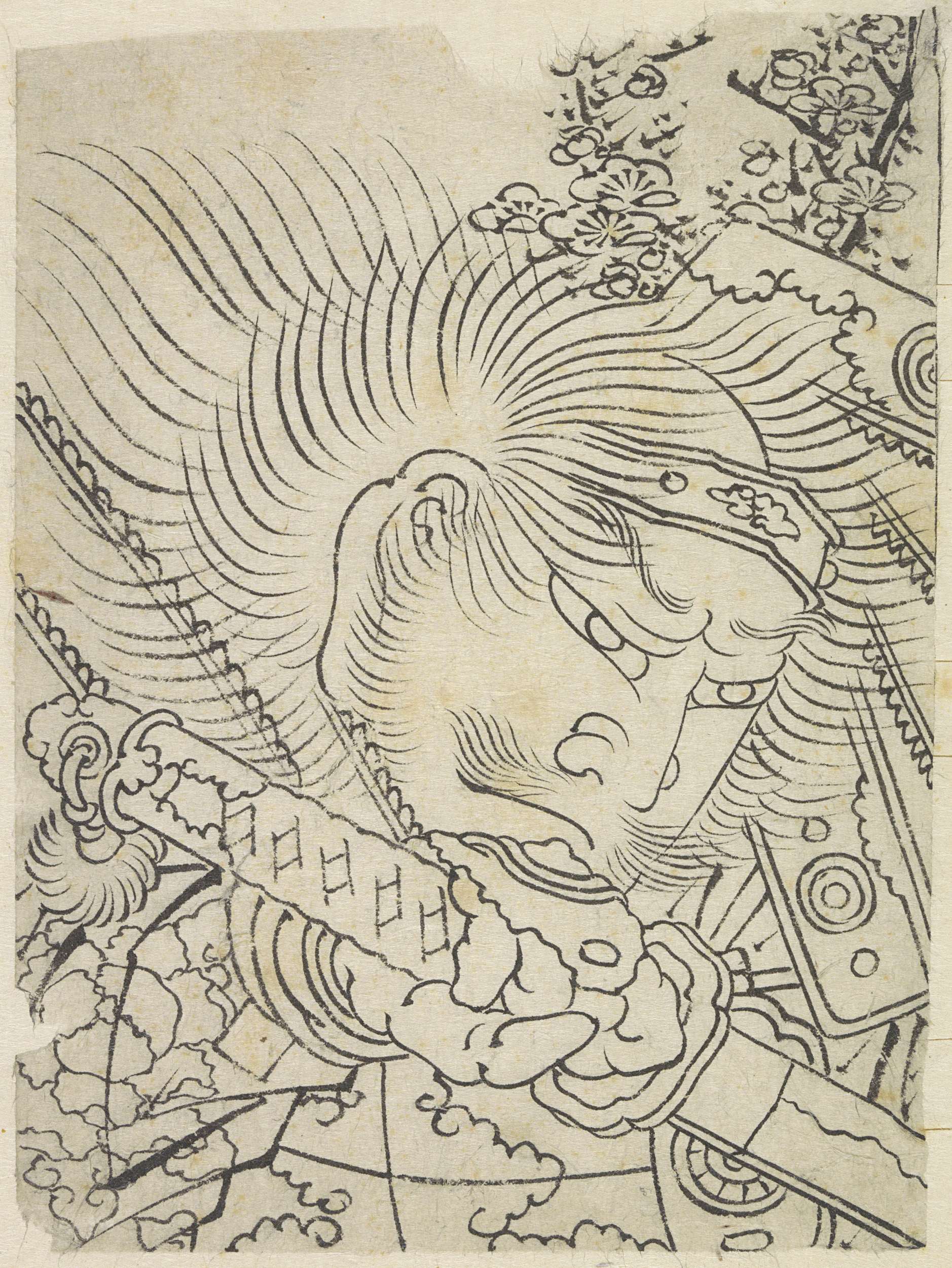 Portrait of a samurai's head surrounded by cherry blossoms, ukiyo-e by Katsushika Hokusai