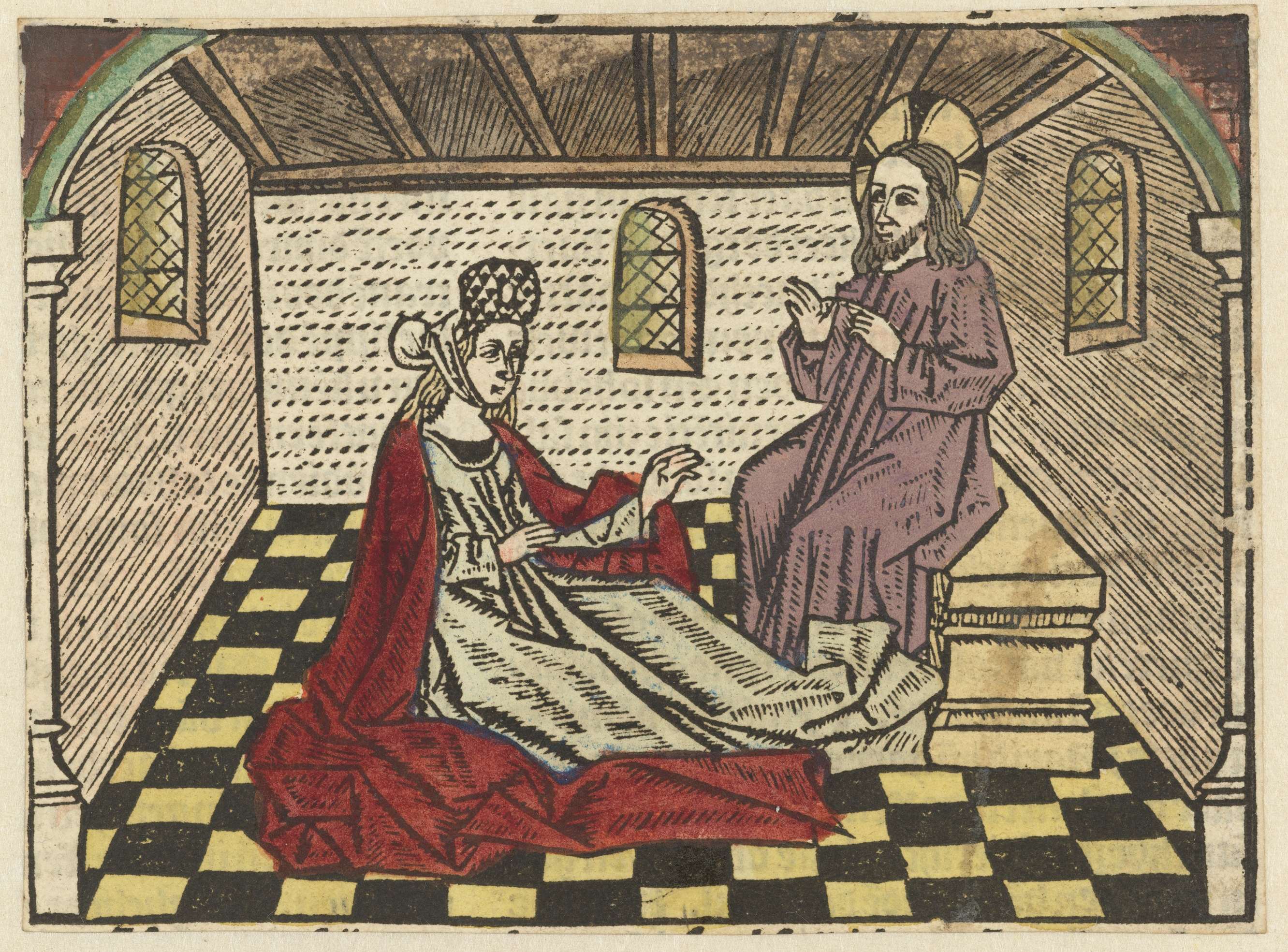 Oil on panel by Meester van Antwerpen depicting Mary Magdalene listening to Christ with a halo.