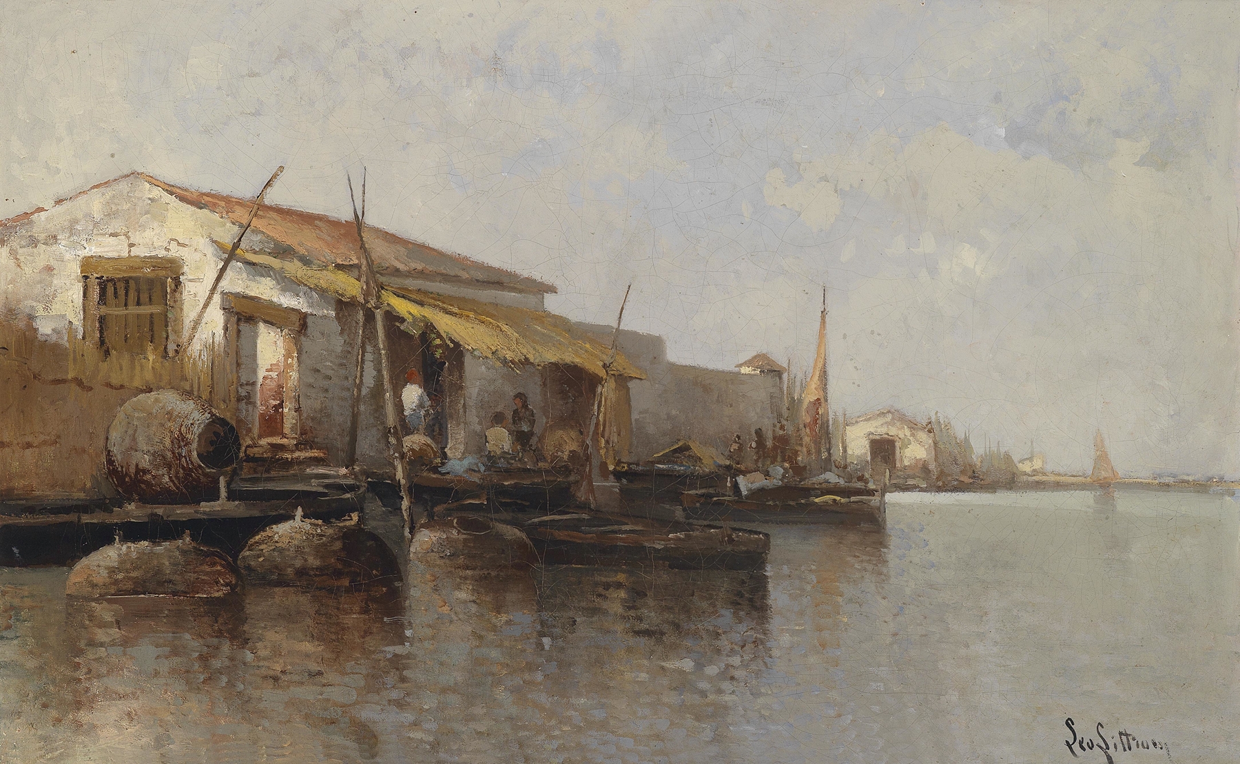 Oil painting by Leontine von Littrow depicting a tranquil lagoon with soft light.