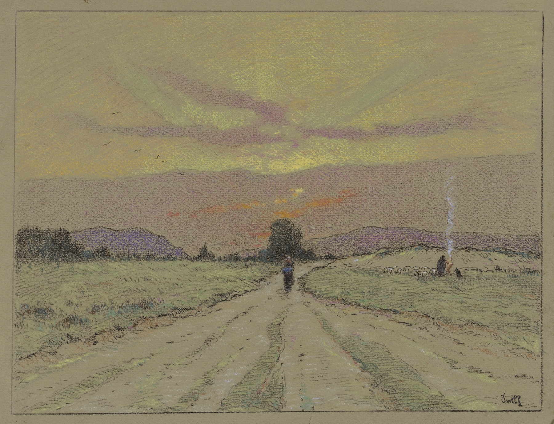 Landscape oil painting by Marie-Joseph-Leon Clavel featuring a sunset path.