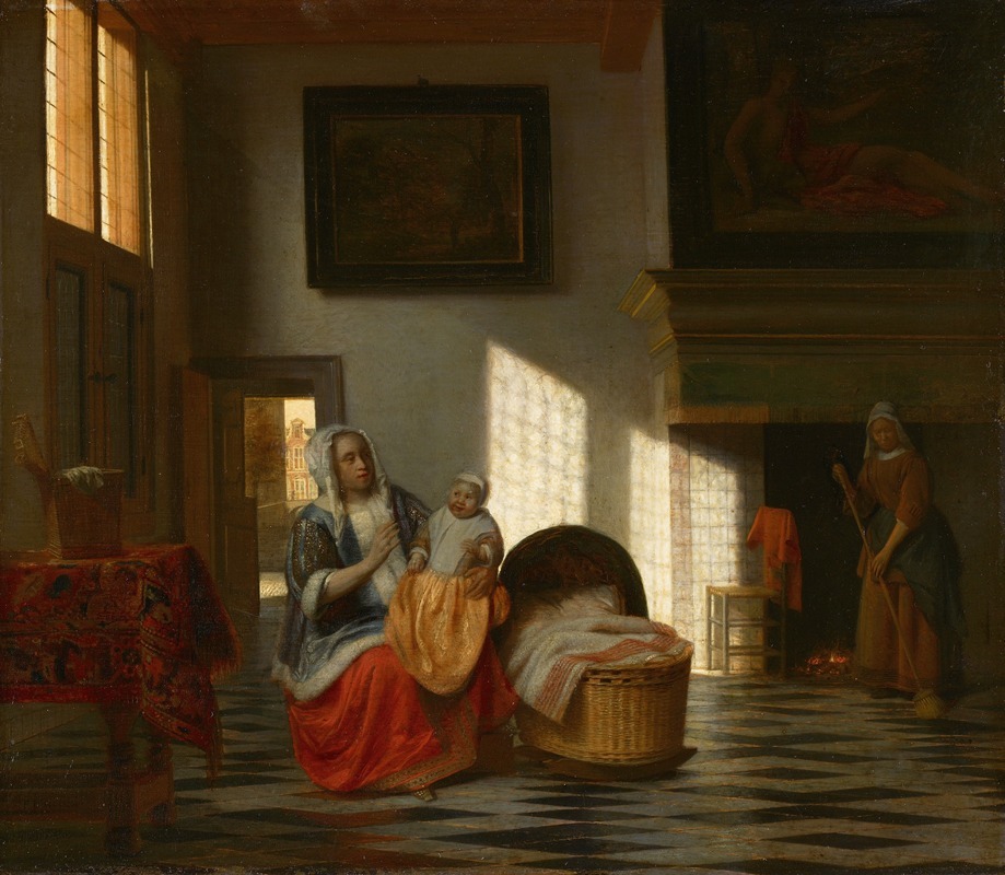 Mother and two children in warm light, still life, oil on panel by Adriaan de Lelie