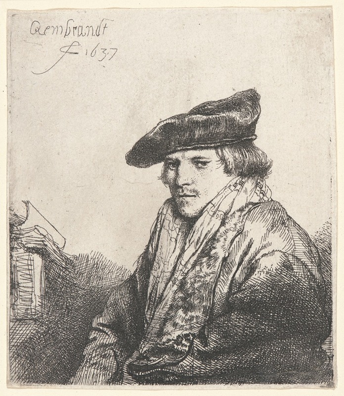 Rembrandt's portrait of a young man in a velvet cap surrounded by books.