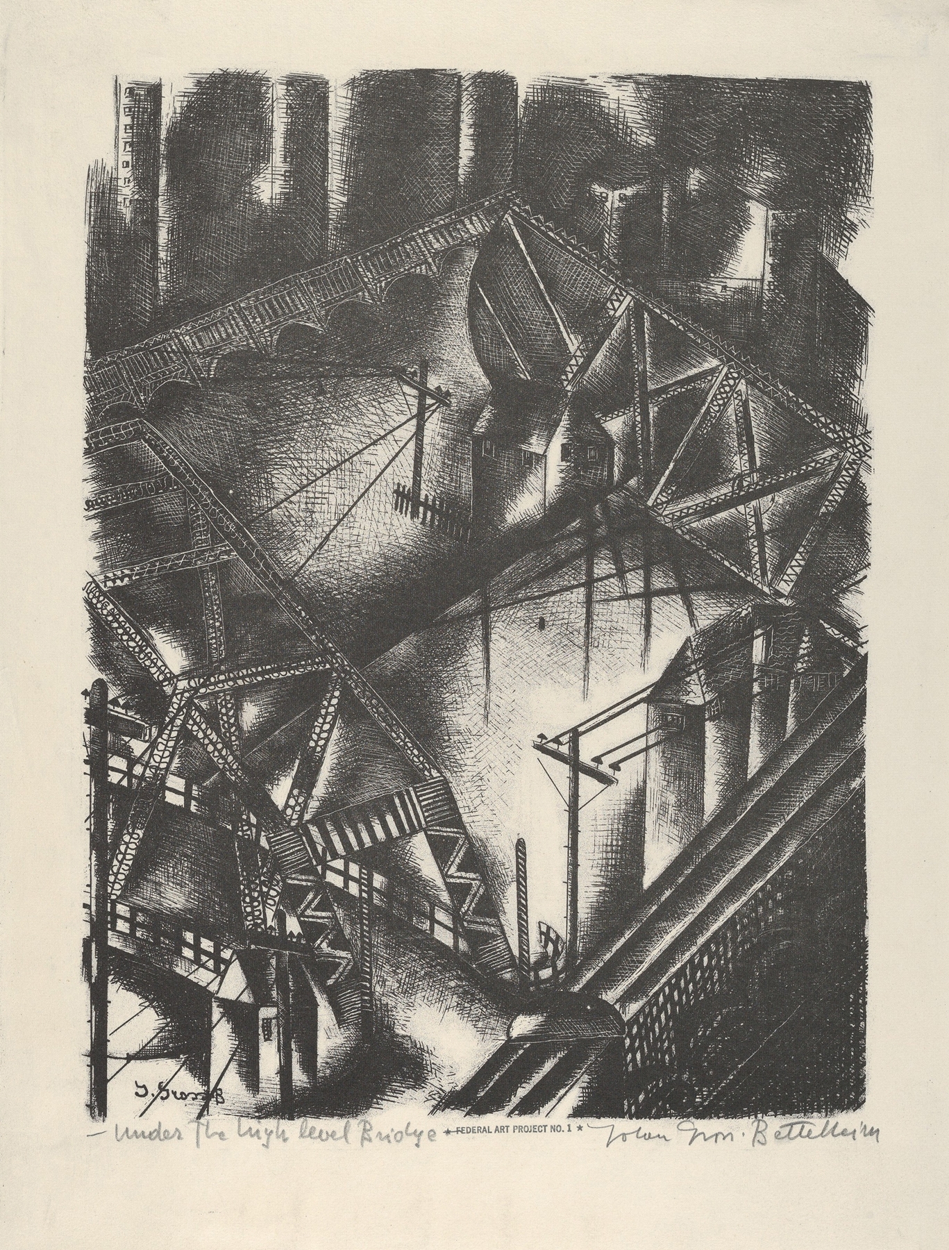 Under The High Level Bridge by Jolan Gross Bettelheim, modernism, depicting a steel bridge at twilight