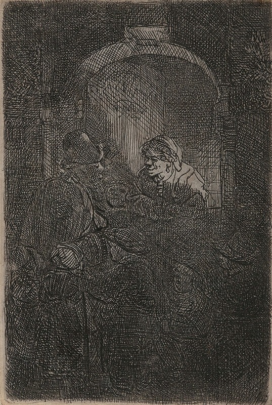 A woman speaks to a man and children at a hatch door in this Rembrandt painting.