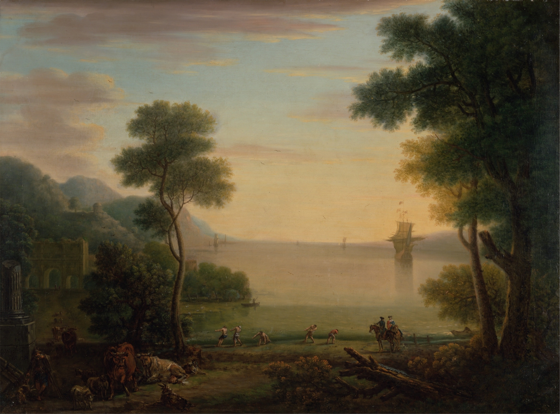 Classical Landscape with Figures and Animals; Sunset by John Wootton, oil painting depicting a sunset over hills.