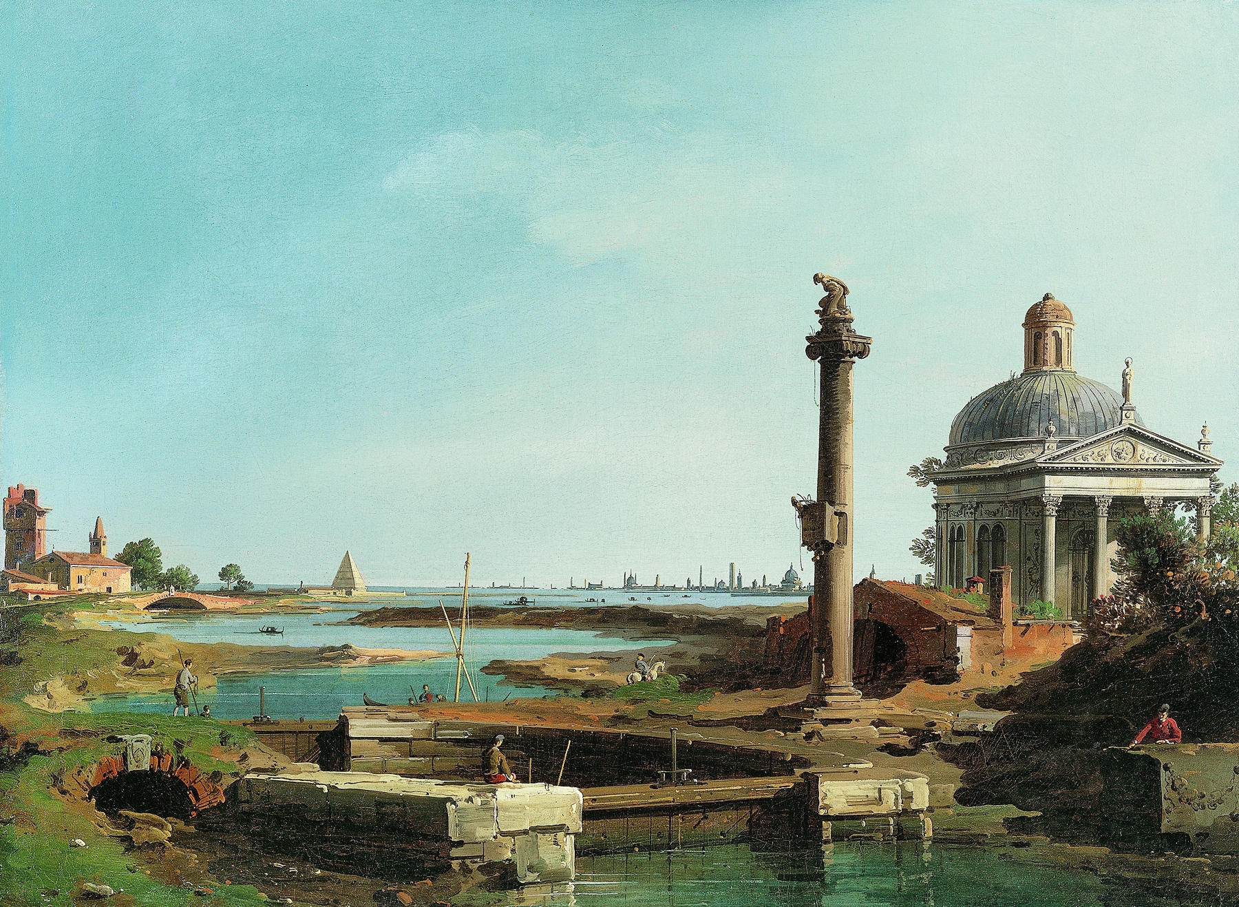 Rococo landscape by Canaletto depicting a lagoon, church, and column