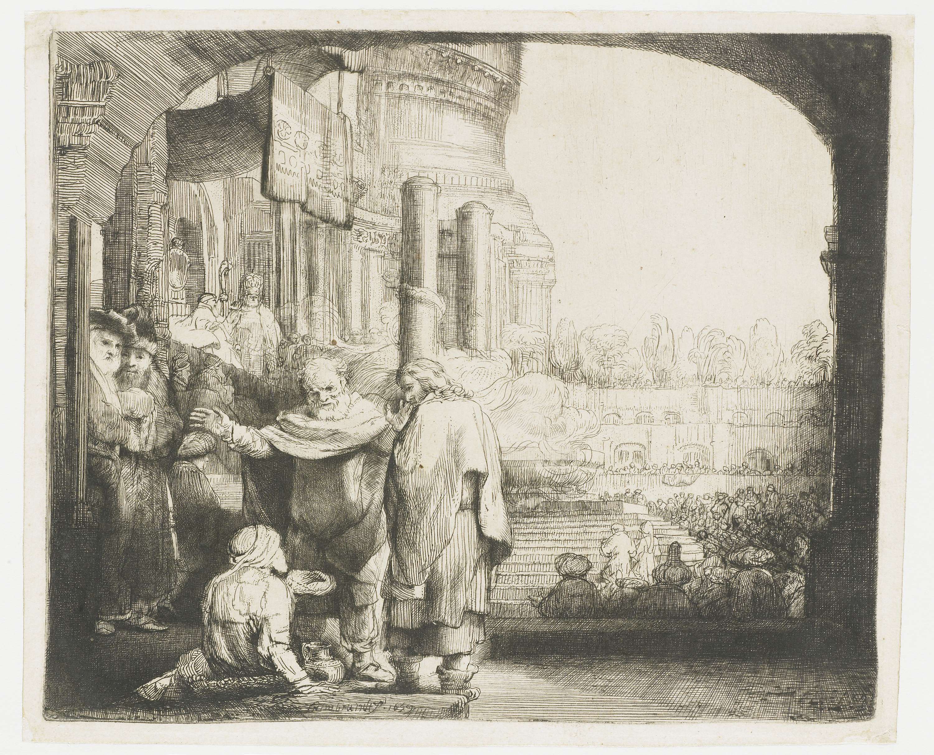 Petrus and Johannes healing a lame man at the temple gate, etching by Rembrandt van Rijn