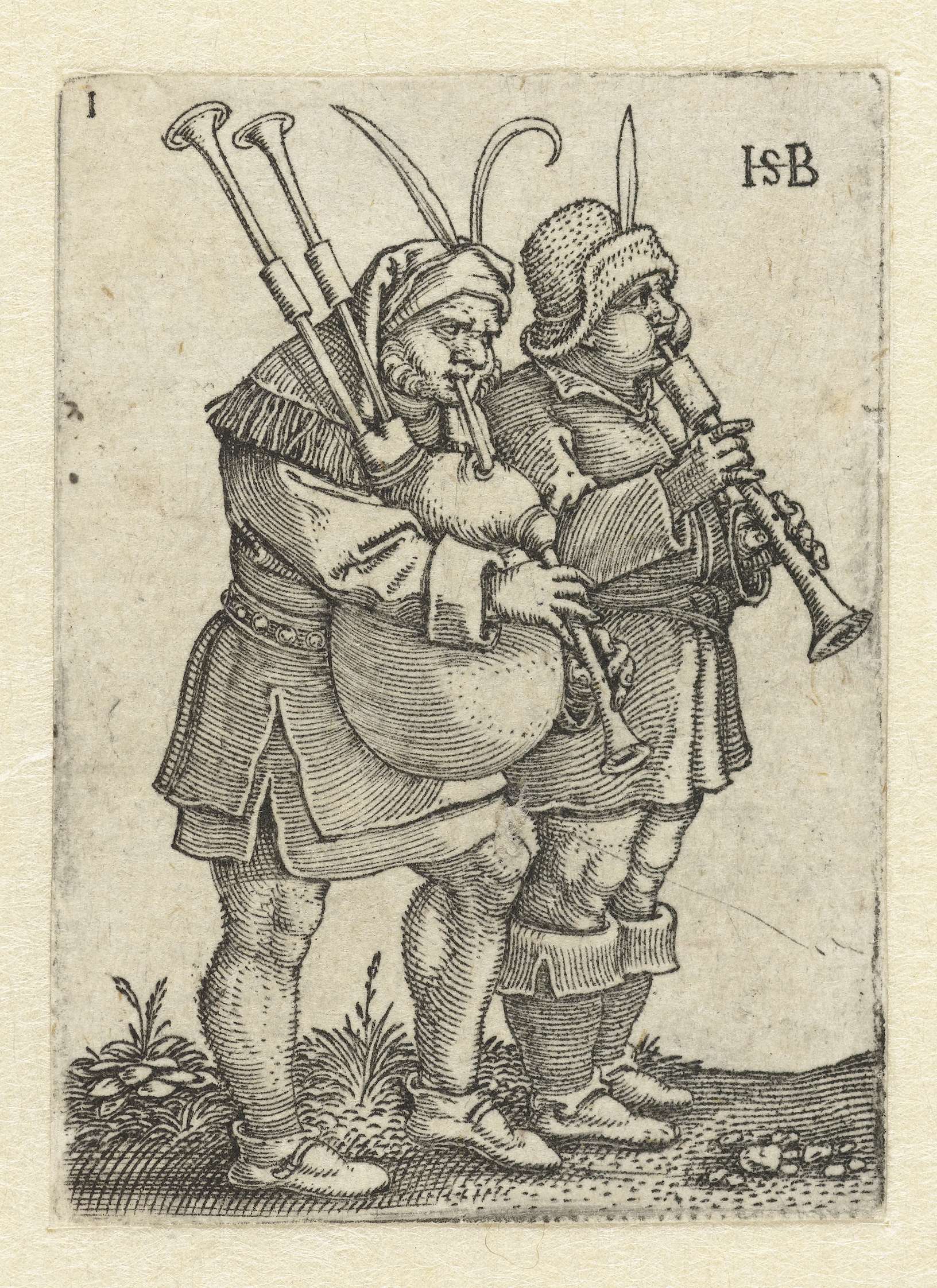 Twee muzikanten met schalmey en doedelzak, by Hans Sebald Beham, public domain