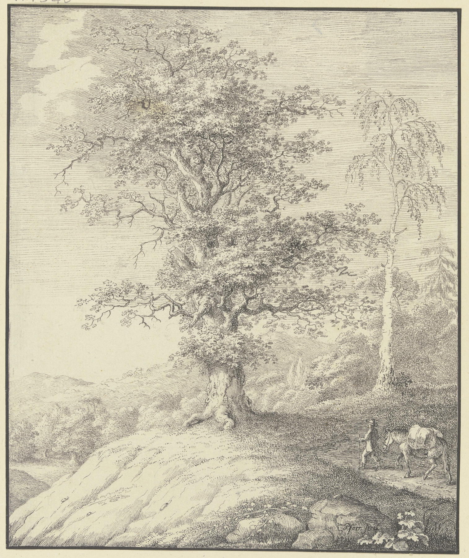 Oil painting by Johann Georg Pforr depicting a man leading a horse near oak and birch trees.