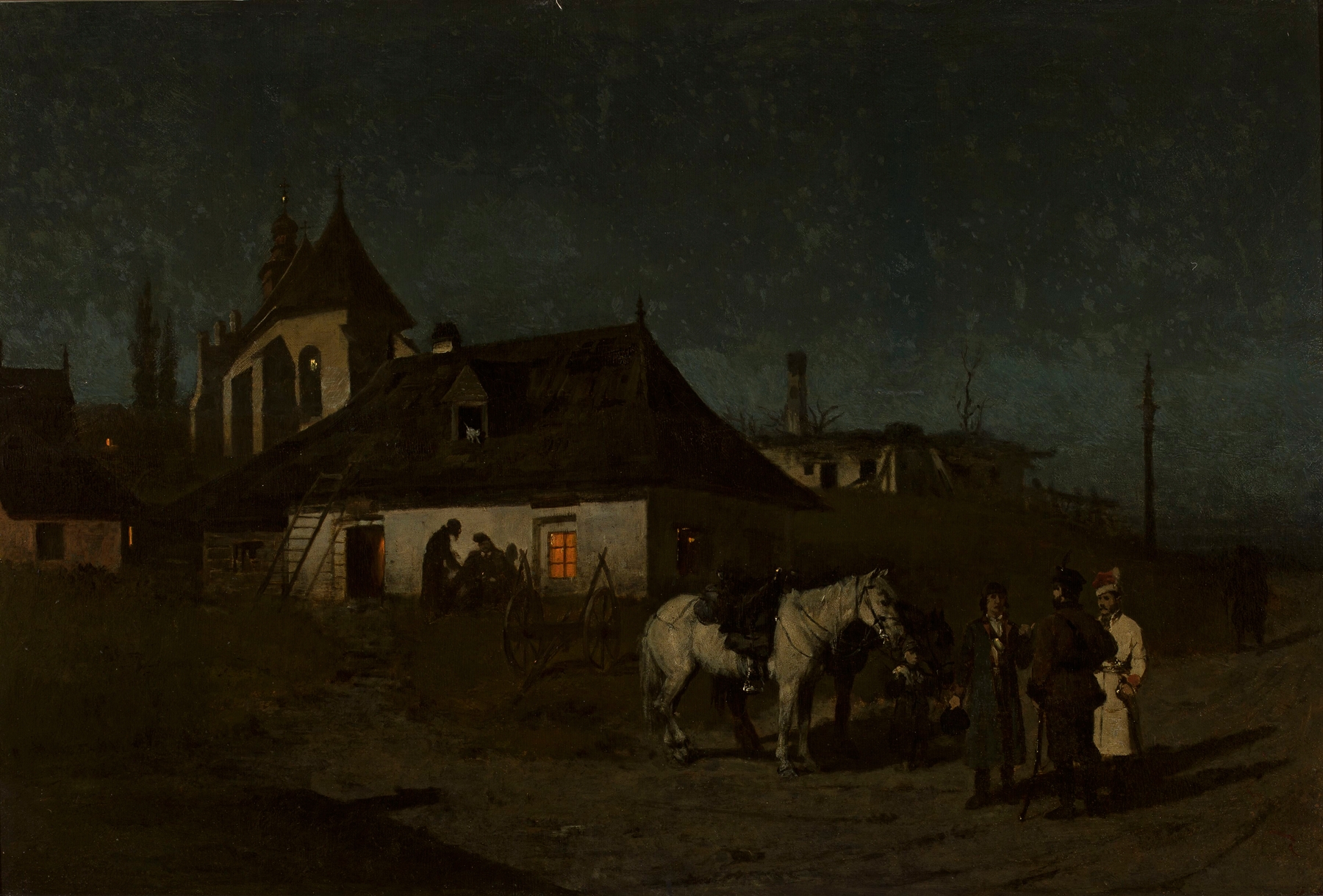 Insurgents at night, oil on canvas by Maksymilian Gierymski depicting figures in darkness