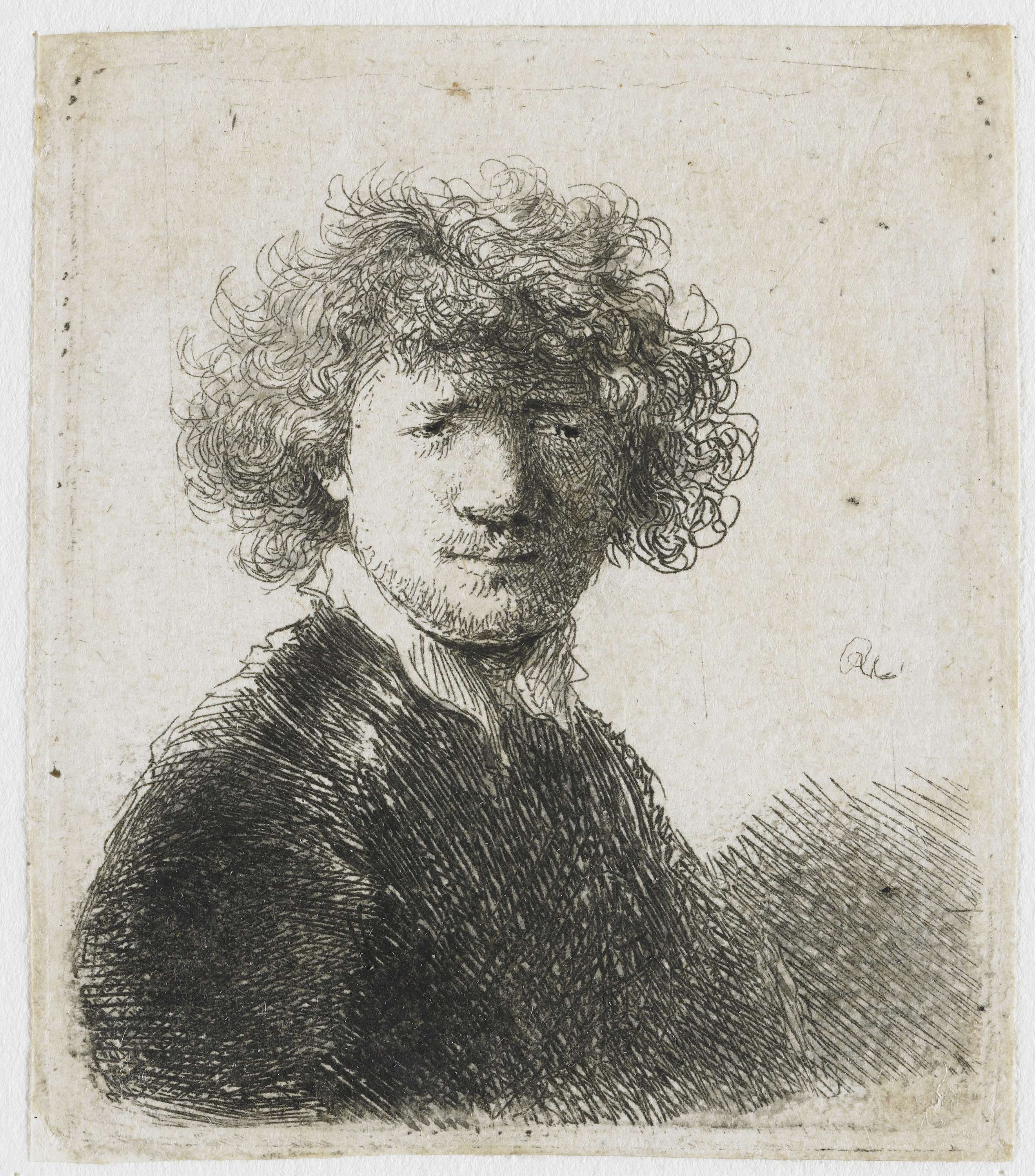 Self-portrait with curly hair and white collar: bust, by Rembrandt van Rijn, public domain