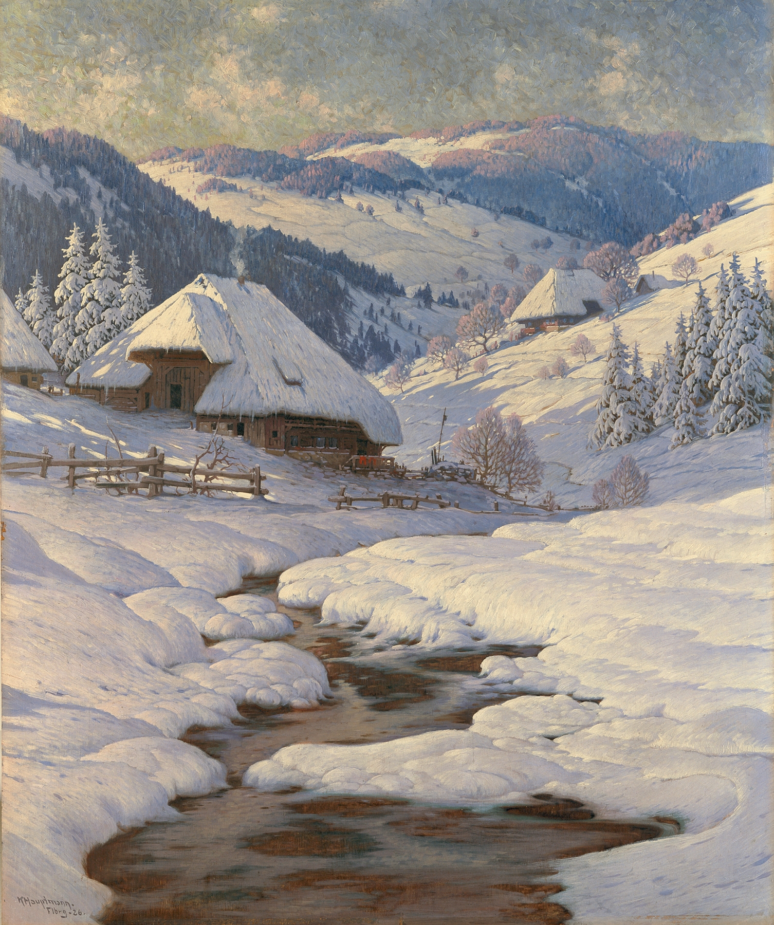 Winter landscape with black forest farmhouses, oil on canvas by Karl Hauptmann