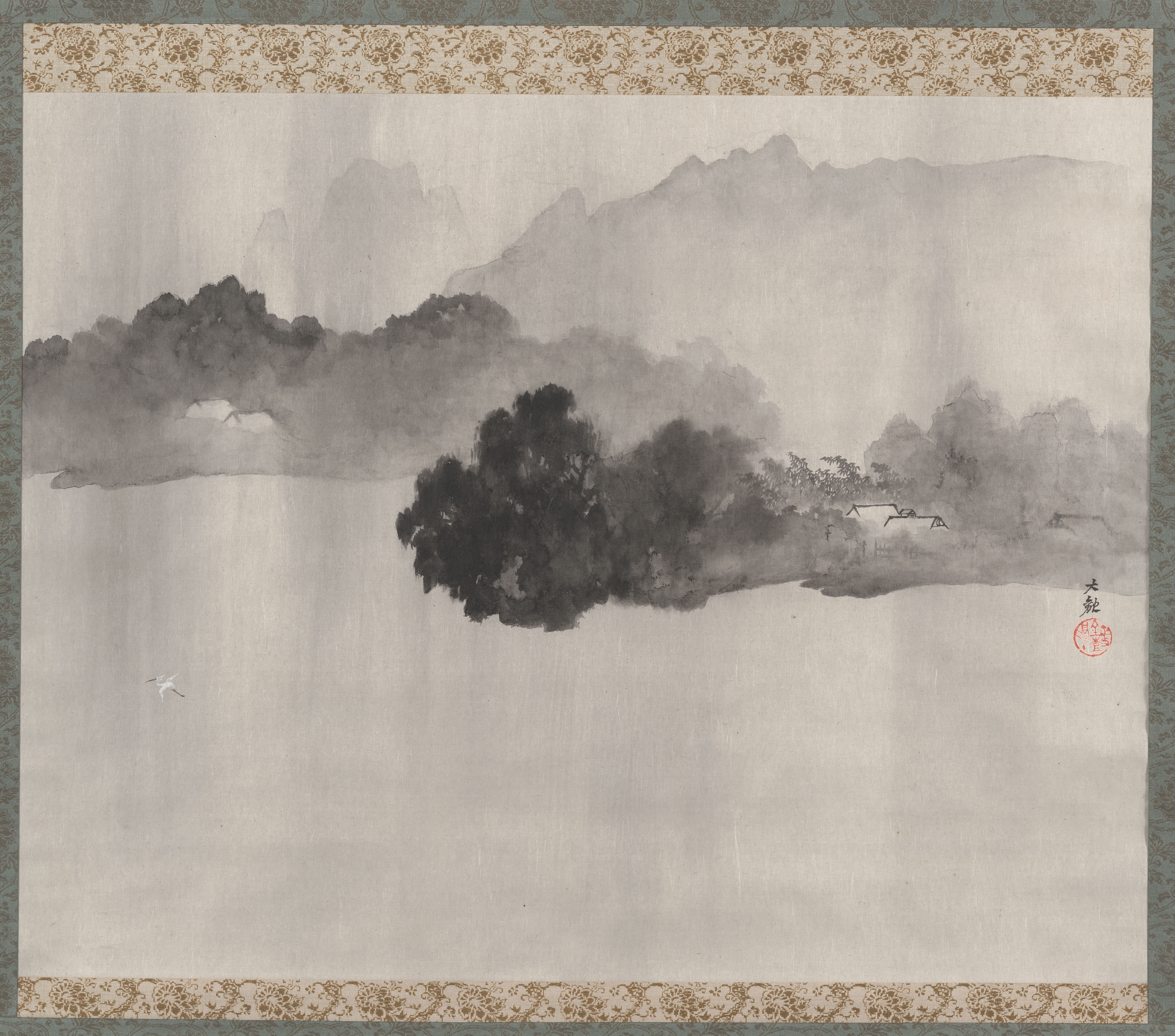 Autumn Mist Over a Pond, paper by Yokoyama Taikan, featuring mist rising from a tranquil pond.