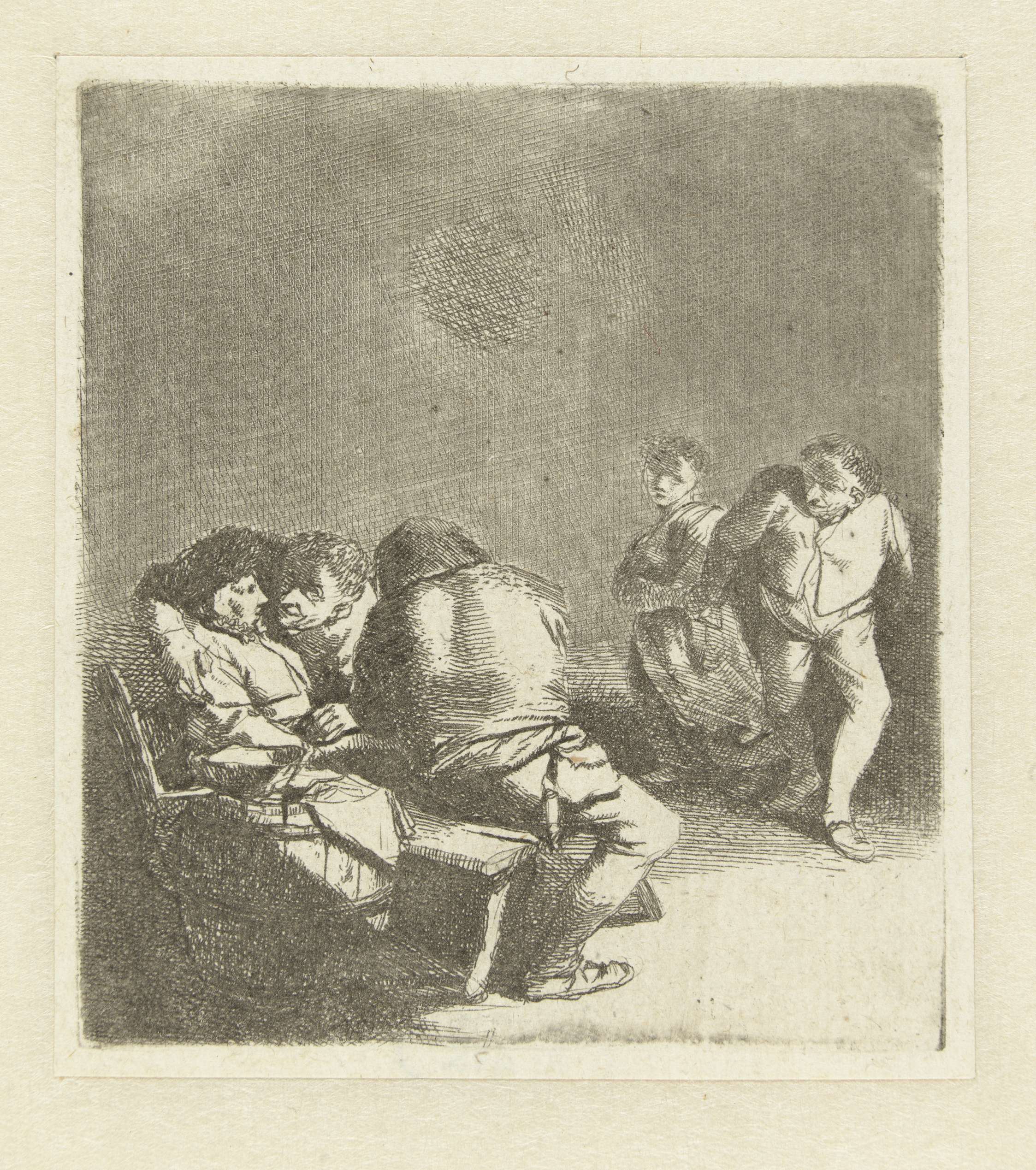 Etching by Cornelis Pietersz. Bega depicting a dancing couple and seated figures