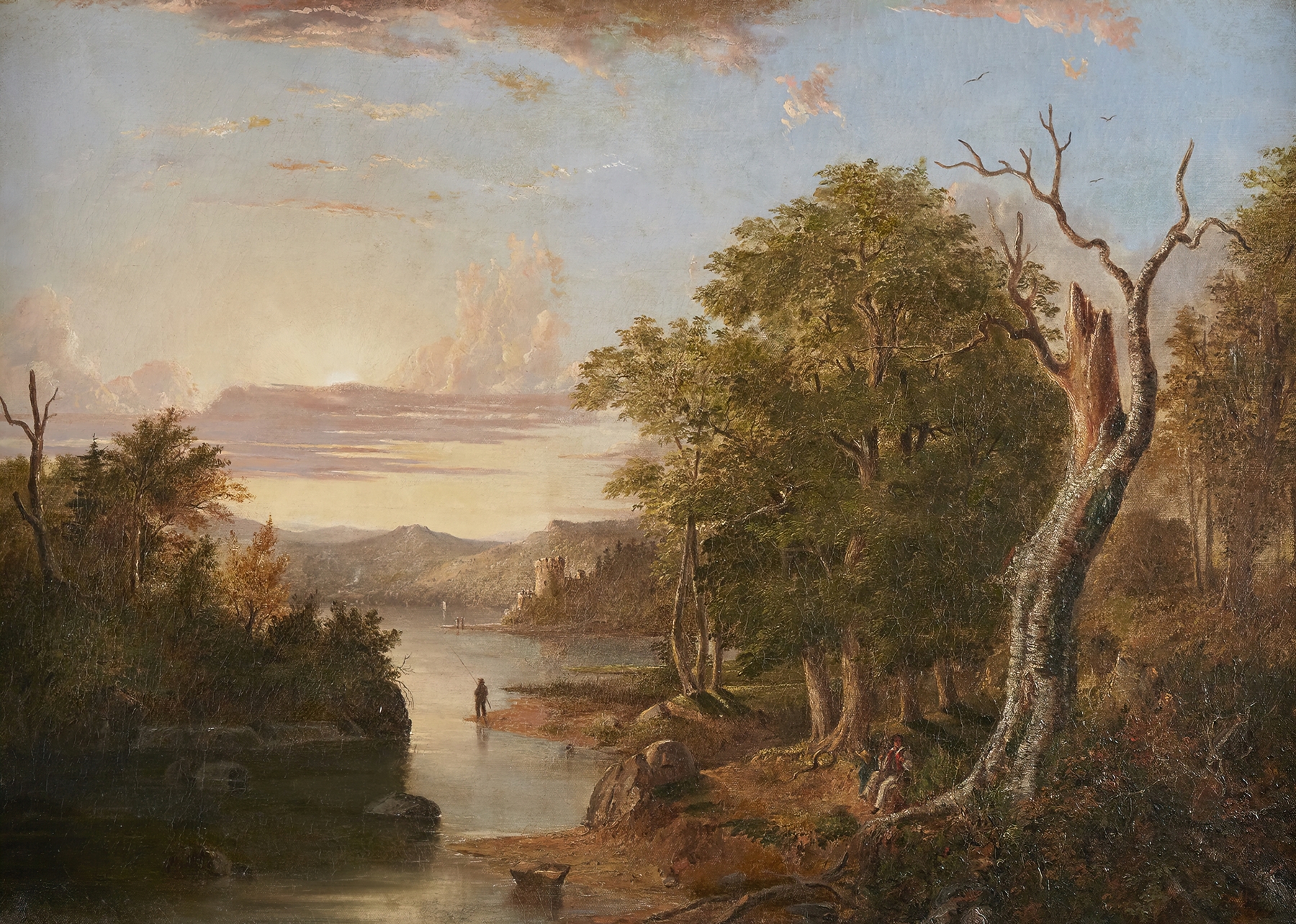 Extensive landscape along the Hudson River with a castle, by Henry Ary, oil painting
