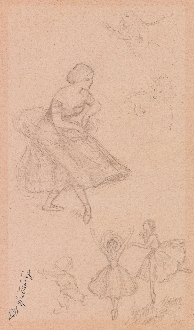 This drawing features ballet dancers and dwarfs in a whimsical setting.