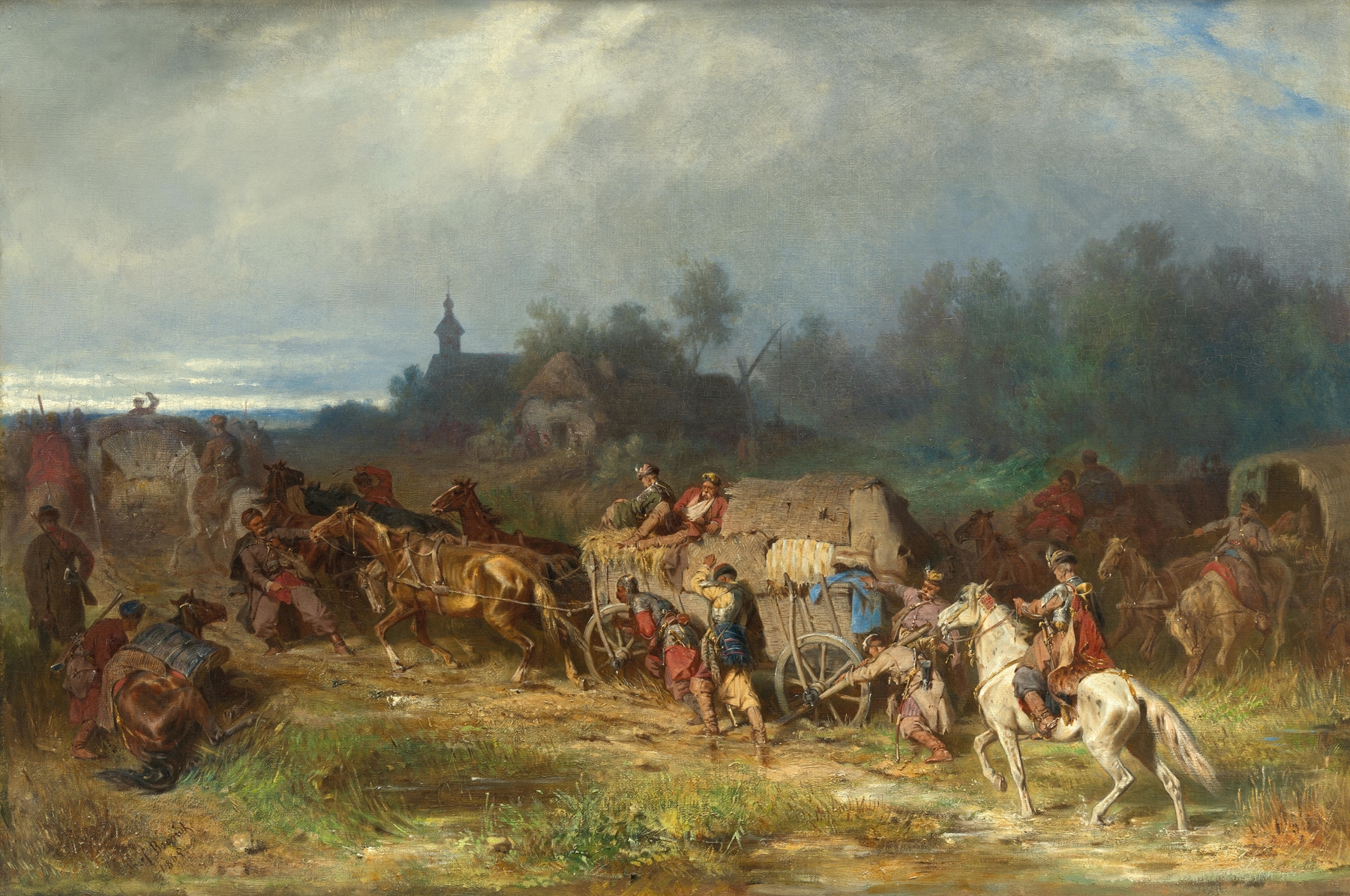 Historical scene of weary soldiers in a camp by Jozef Brandt, oil painting