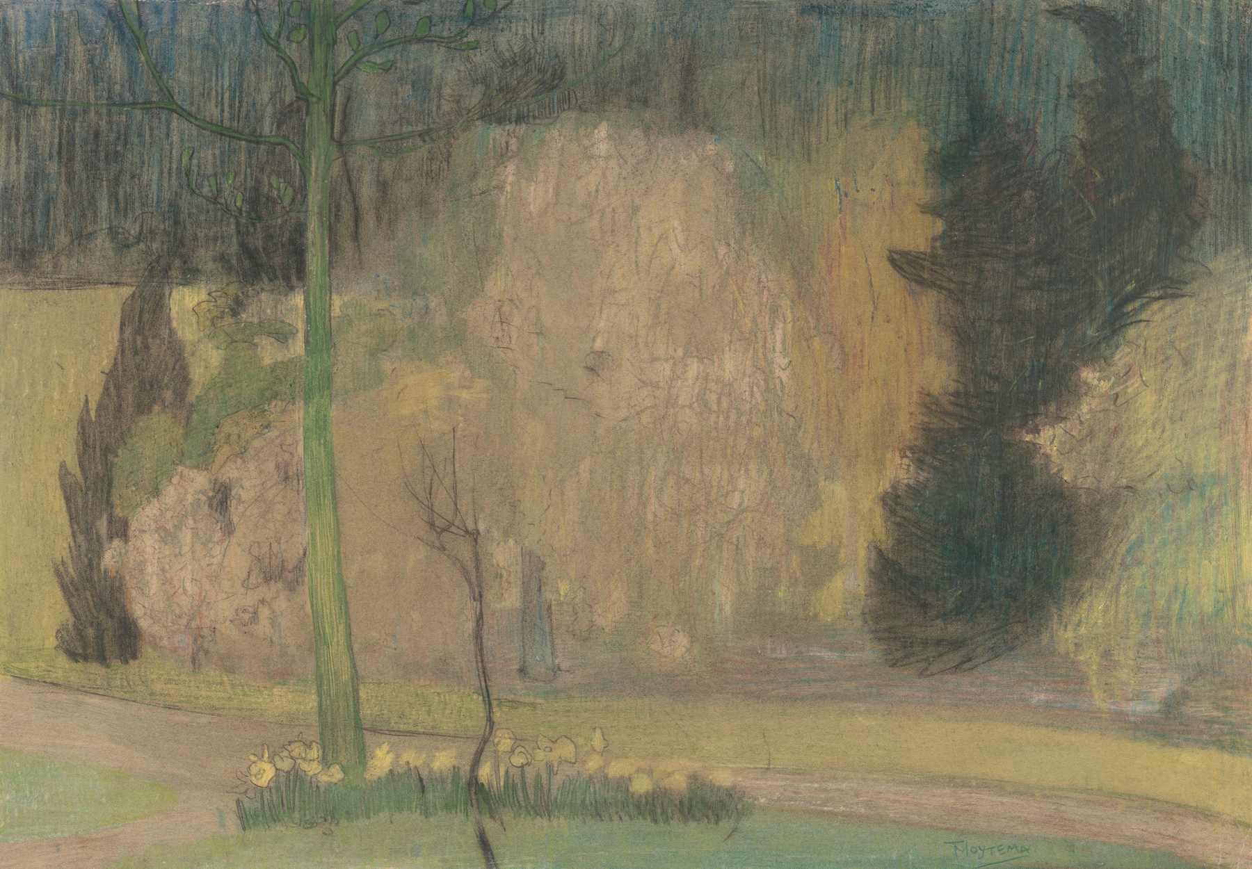 Watercolour by Theo van Hoytema depicting a tranquil garden scene with dappled sunlight.