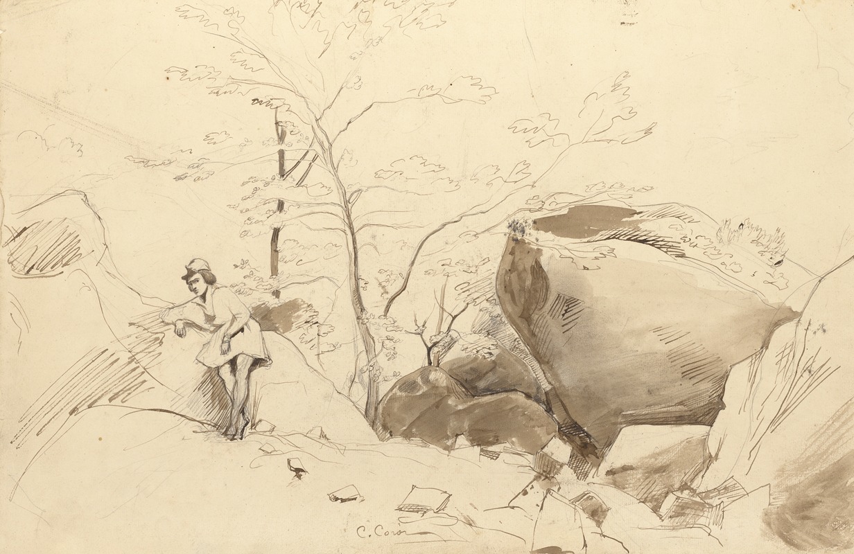 A figurative painting by Jean-Baptiste-Camille Corot depicting a figure leaning against a rock in Fontainebleau.