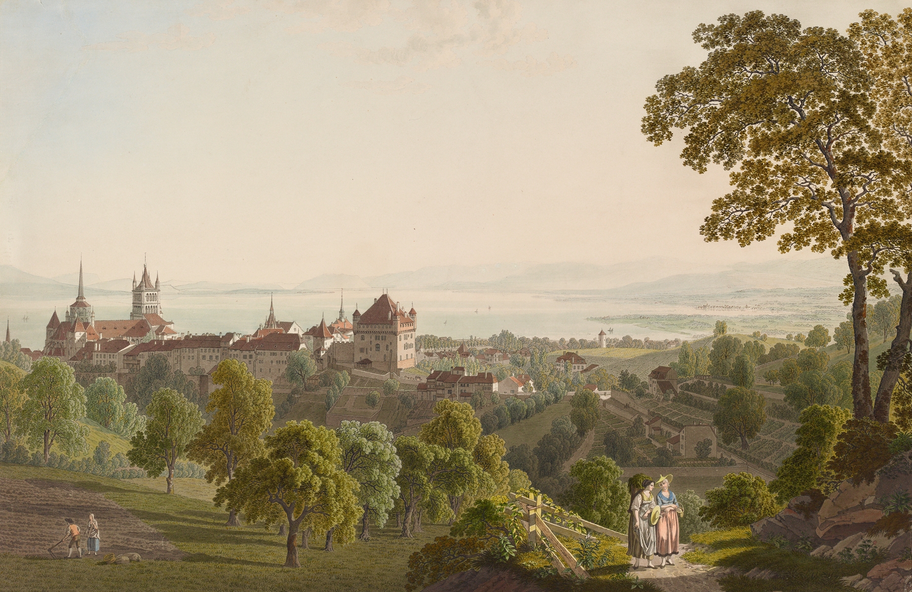 Landscape oil painting by Gabriel Lory the Younger featuring a lake and mountains.