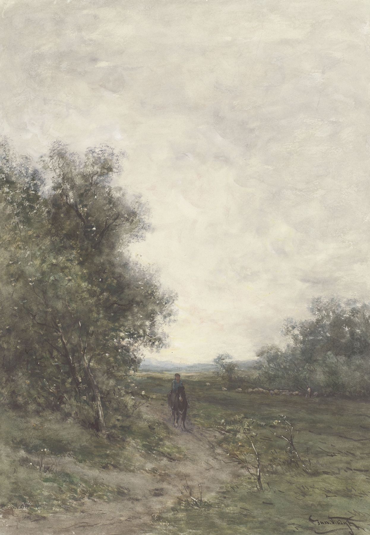 Landschap met een ruiter en een kudde schapen met herder, oil on canvas by Jan Vrolijk
