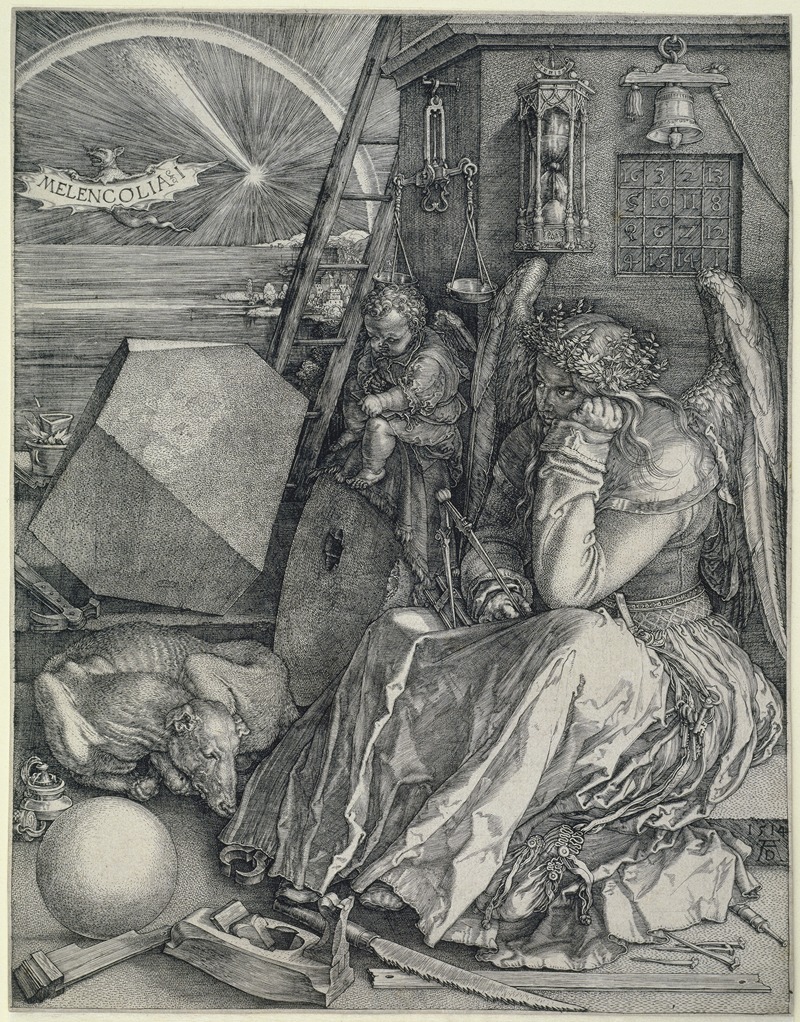 Albrecht Dürer's 'Melencolia I' explores themes of melancholy and creativity.