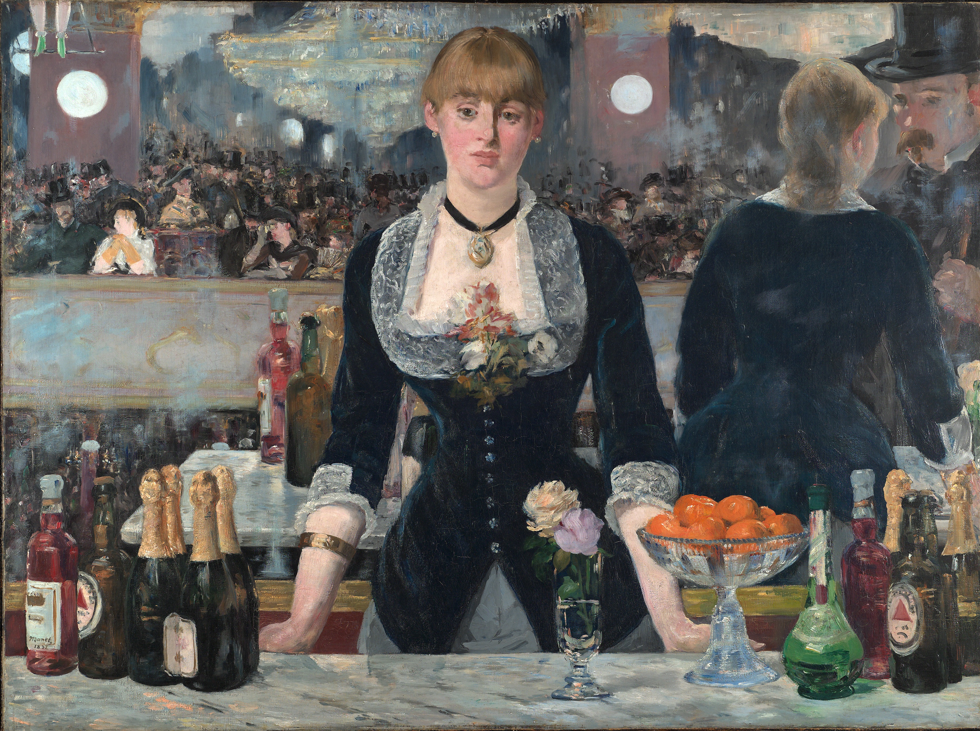 A depiction of a bar scene at the Folies-Bergère by Édouard Manet.