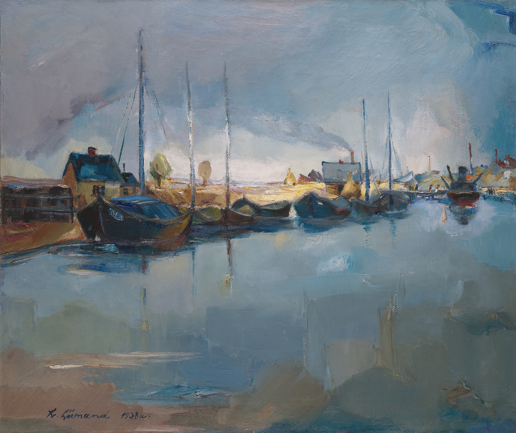 Lodjad Emajõel by Kaarel Liimand, oil on canvas depicting boats on a river with reflections and light.