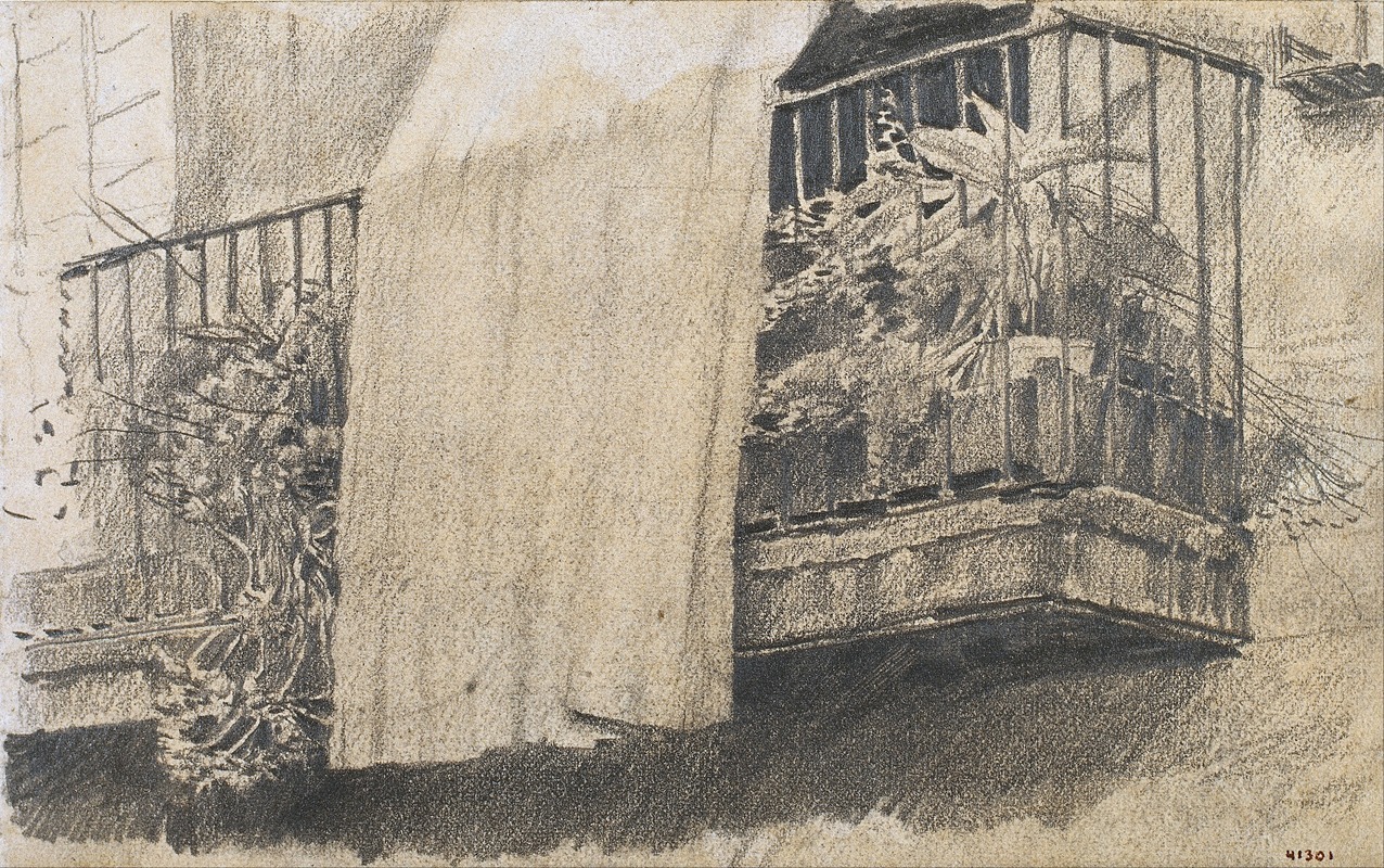 A vibrant painting of a balcony adorned with colorful flowers and a flowing curtain.
