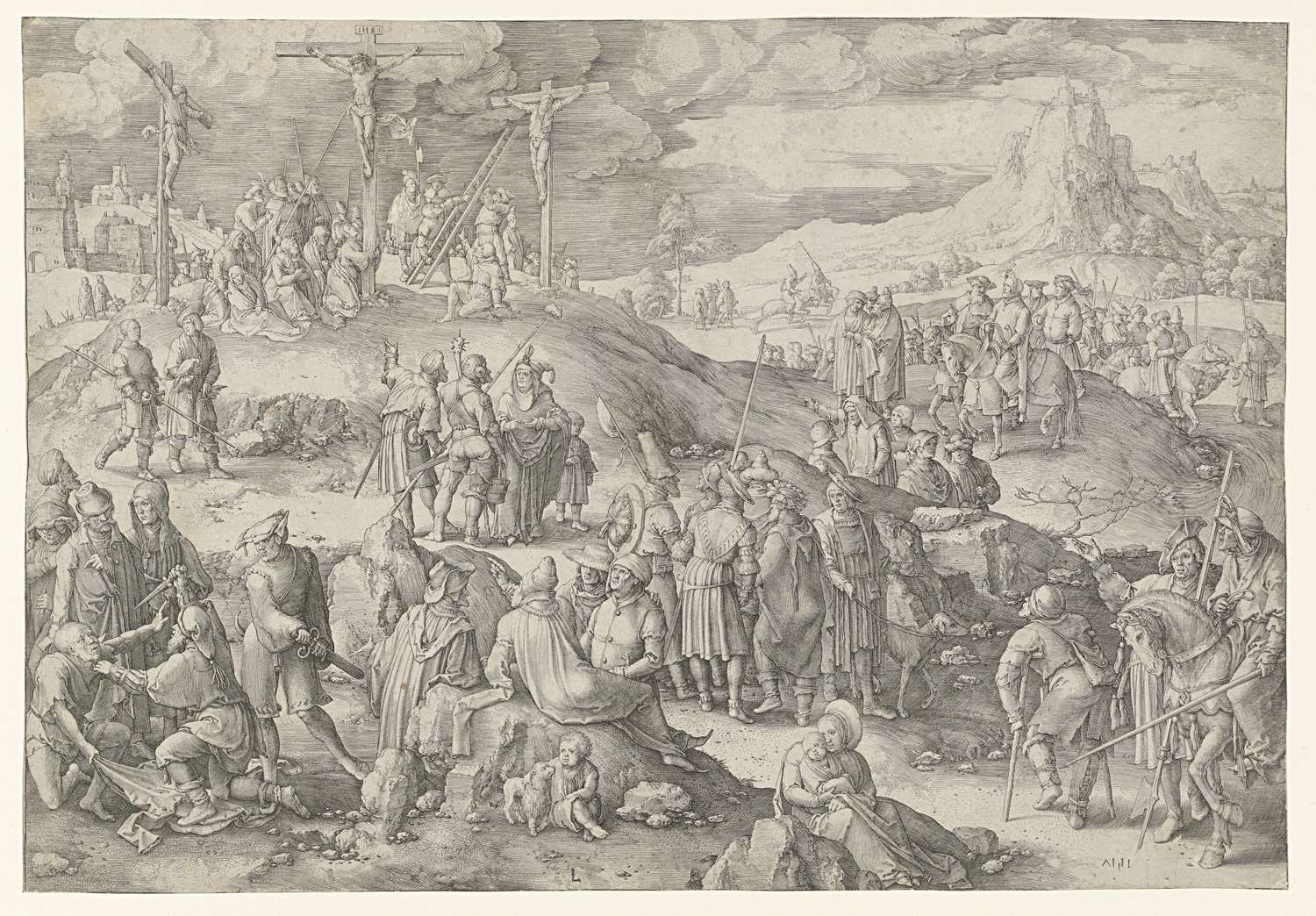 Engraving by Lucas van Leyden depicting Golgotha with figures in despair and sacrifice.
