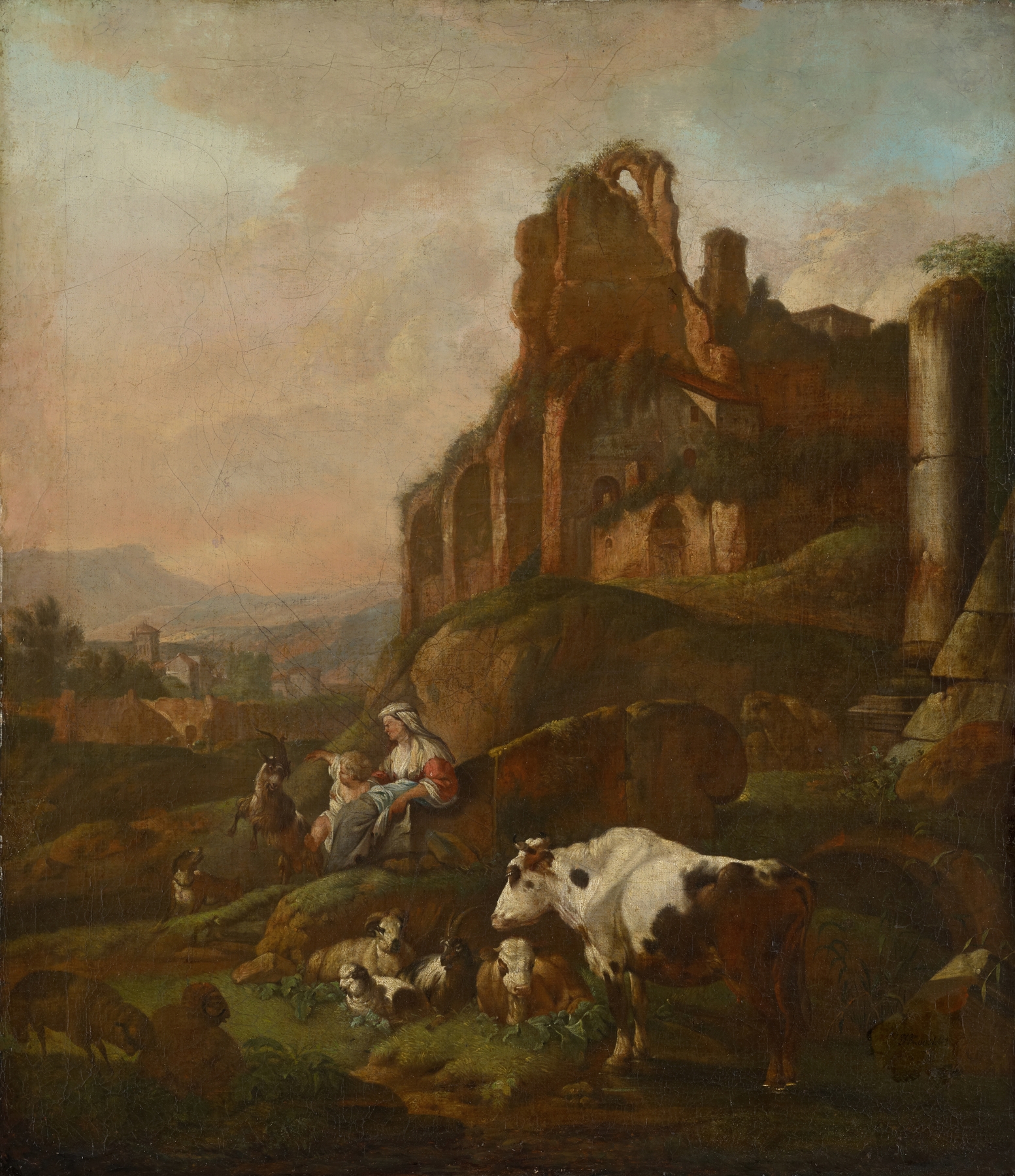 Shepherdess and flock in front of antique ruins, oil painting by Johann Heinrich Roos